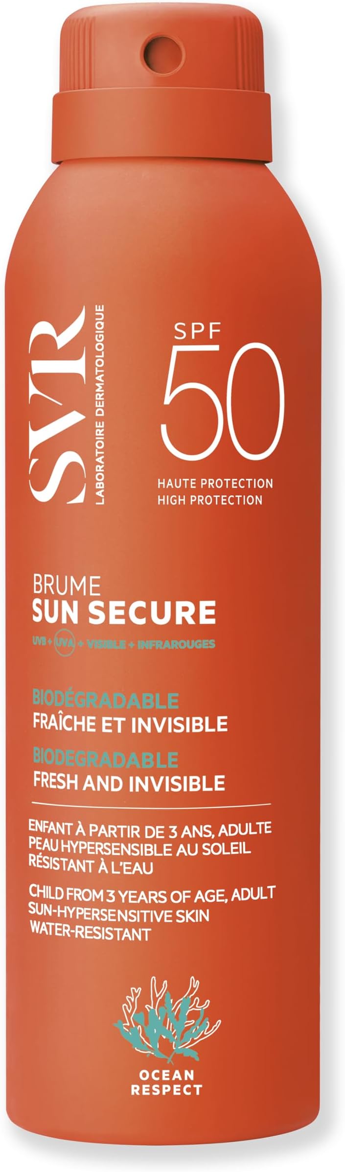 SUN SECURE Body Mist Sunscreen SPF 50+ for Sensitive Skin, Very High Protection Sunscreen Spray, Invisible Finish, Reef-Safe, All Ages, 200ml