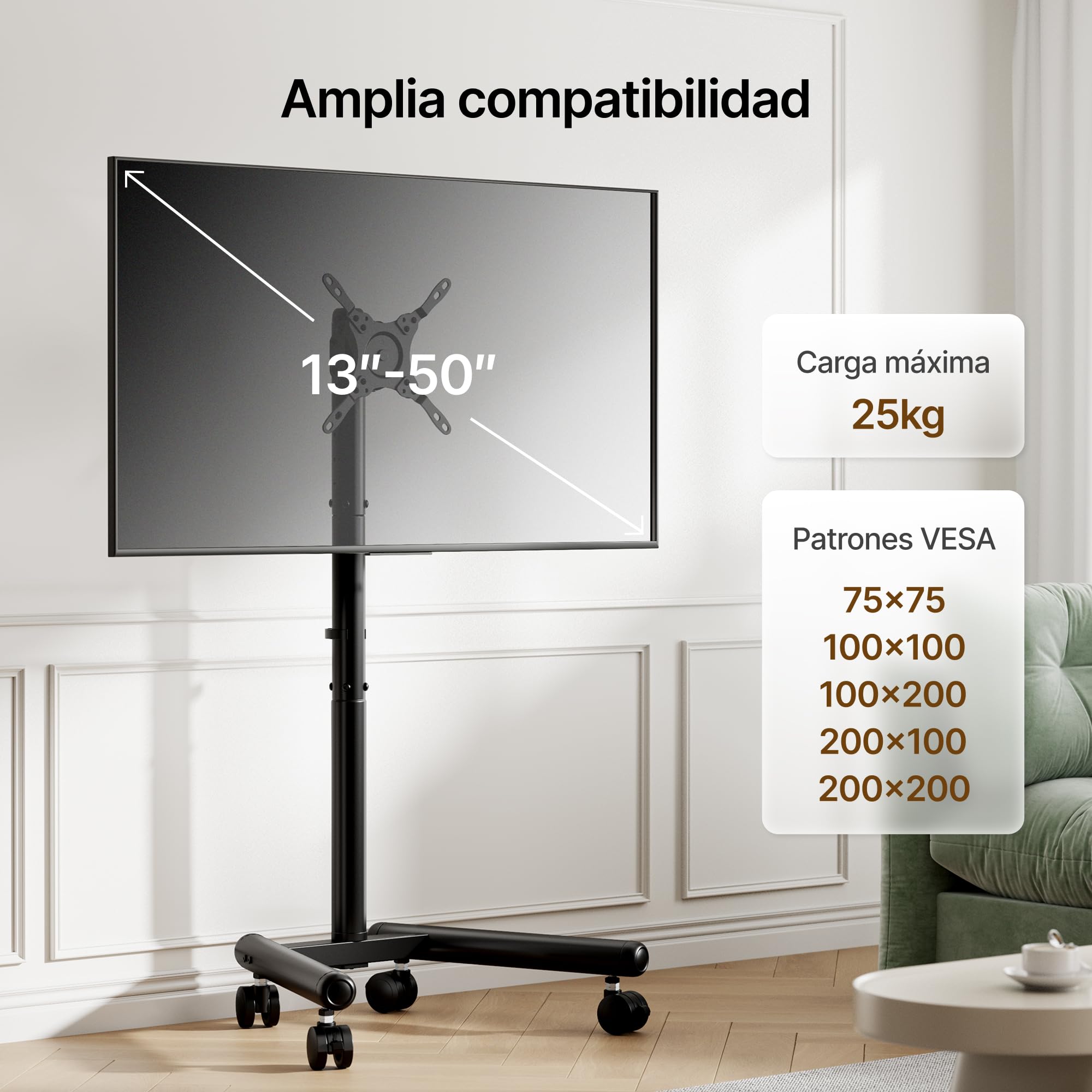 Soporte TV con Ruedas 13-50" | Soporta 25 kg, VESA 200x200, altura ajustable, giro 360° e inclinación, ruedas silenciosas, diseño ahorra espacio
