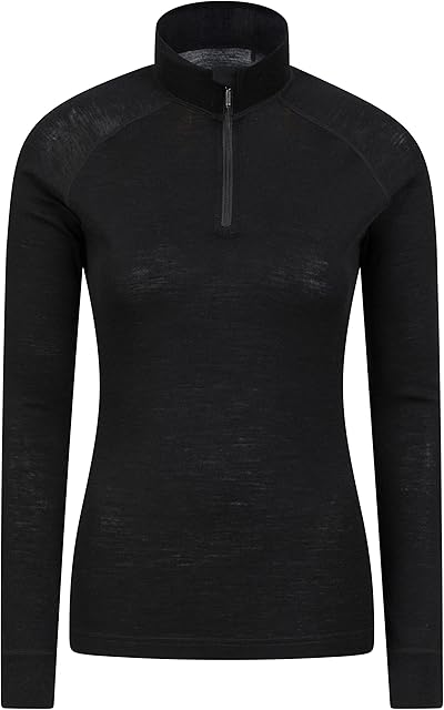 Mountain Warehouse Merino Womens Thermal Baselayer Top - Long Sleeves Ladies Thermal T-Shirt, Zip Neck Top, Lightweight, Easy Care Tee - Best for Winter Black 10
