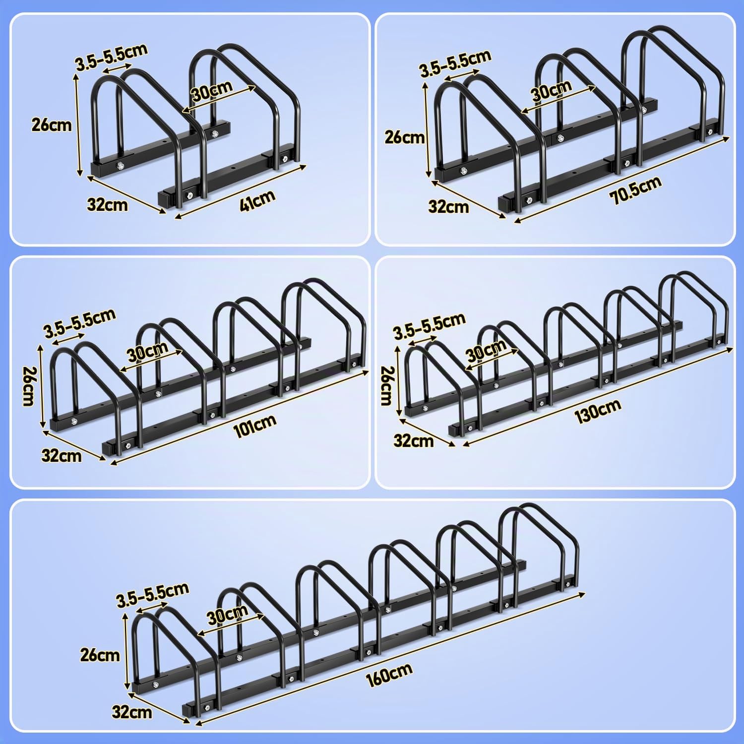 Cavalletto per 5 biciclette, supporto bicicletta con distanza di 30 cm, per pneumatici da 35 a 55 mm, supporto per montaggio a pavimento e a parete, nero