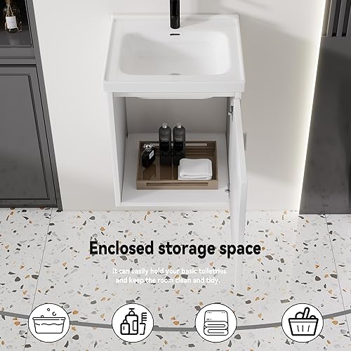 Miniatura 241 de Tocador de baño de 20 pulgadas con lavabo de cerámica, tocador de baño pequeño montado en la pared con puerta de cierre suave, gabinete flotante