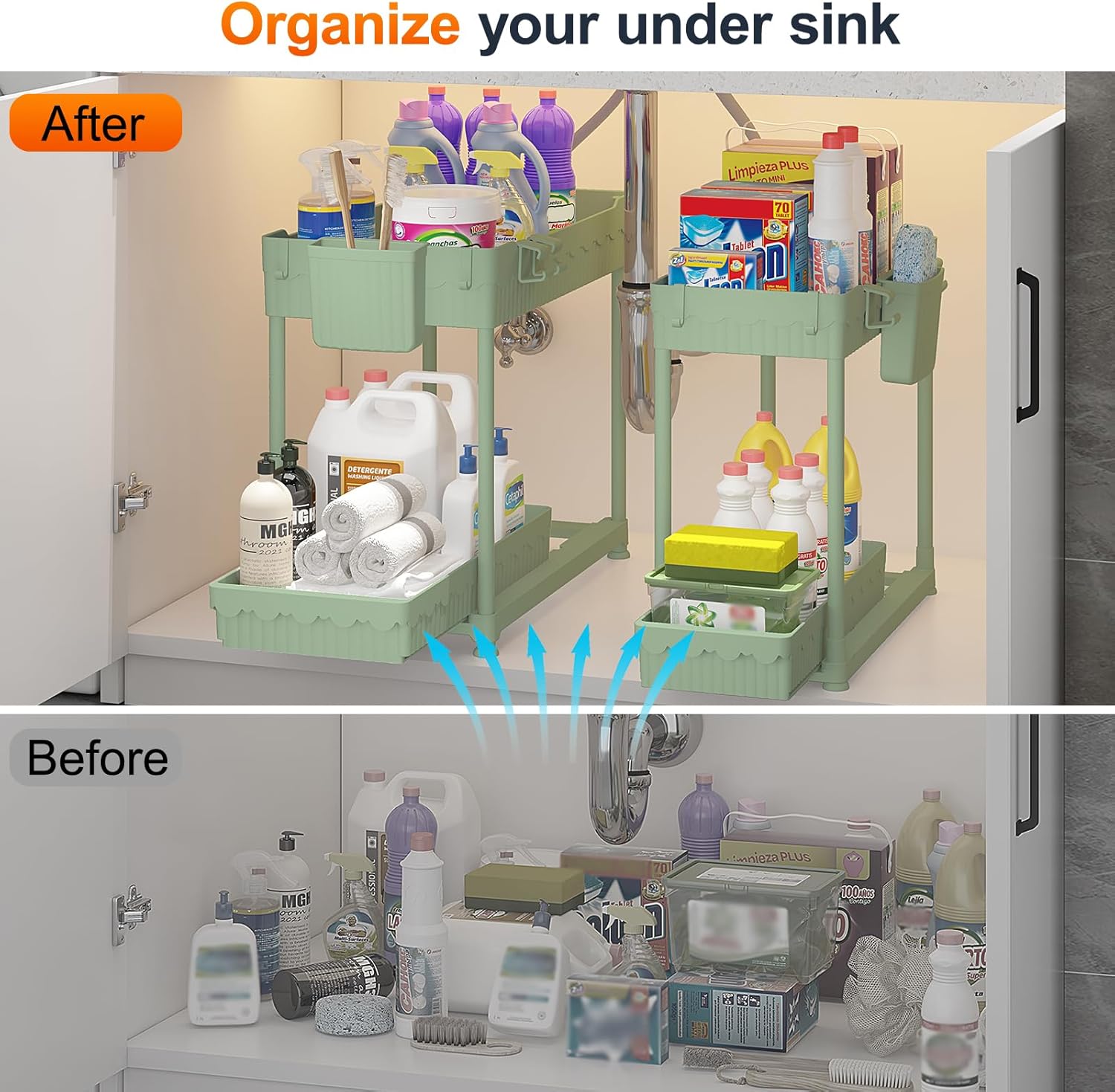 Under Sink Organizer, Bathroom Organizers and Storage, 2 Tier Multi-Use Pull Out Cabinet Organizer with Hang Hooks and Cups (Green, 4 Pack) - Image 3