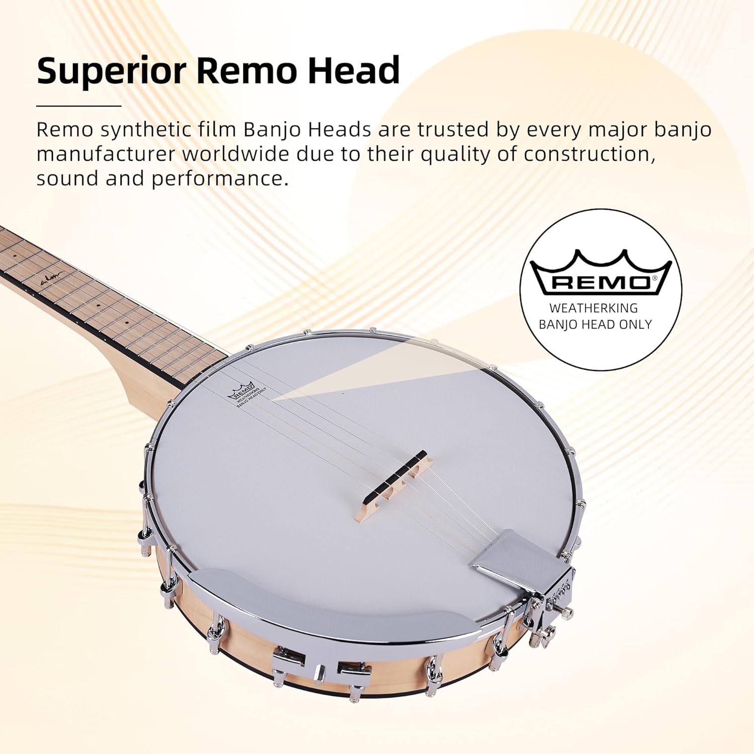 ADM 5 String Banjo Guitar Kit with Remo Drum Head and Geared 5th Tuner, 18 Bracket Beginner Banjoe Set Gift Package with Free Lessons & Starter Accessories for Adult Teens (Natural-Open Back, 38 Inch)
