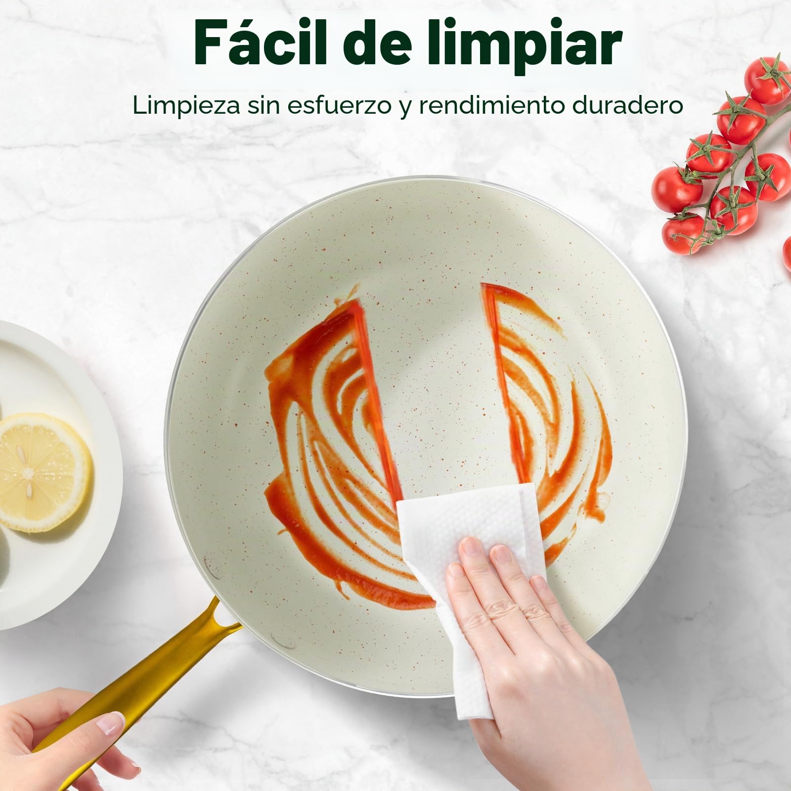 M MELENTA Juego de ollas y sartenes antiadherentes, juego de utensilios de cocina de inducción de granito blanco, juego de cocina antiadherente con mango dorado y utensilios, apto para horno (PFOS