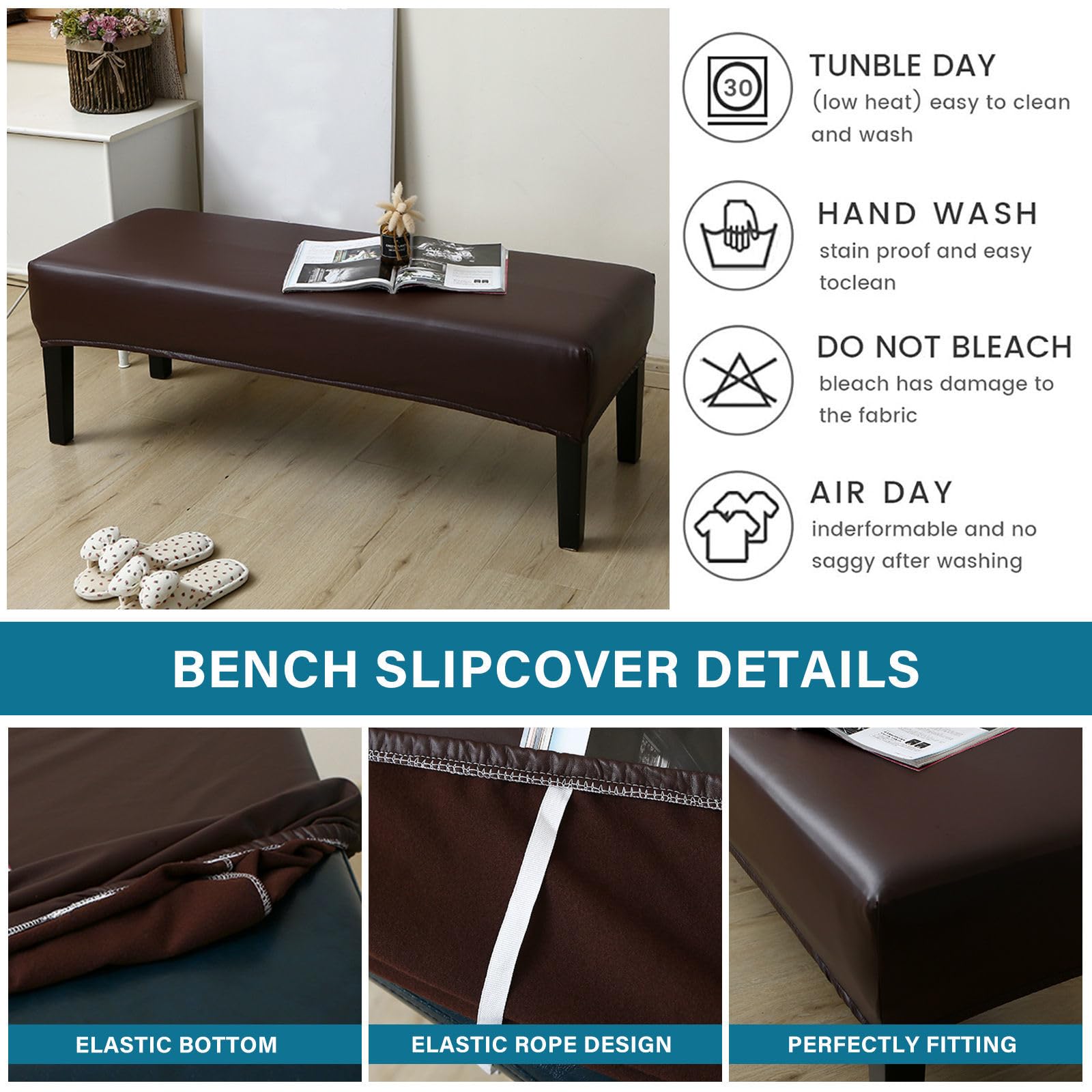 Funda impermeable para banco de comedor, de piel sintética, extraíble, lavable, para sala de estar, dormitorio, color marrón, 200 cm
