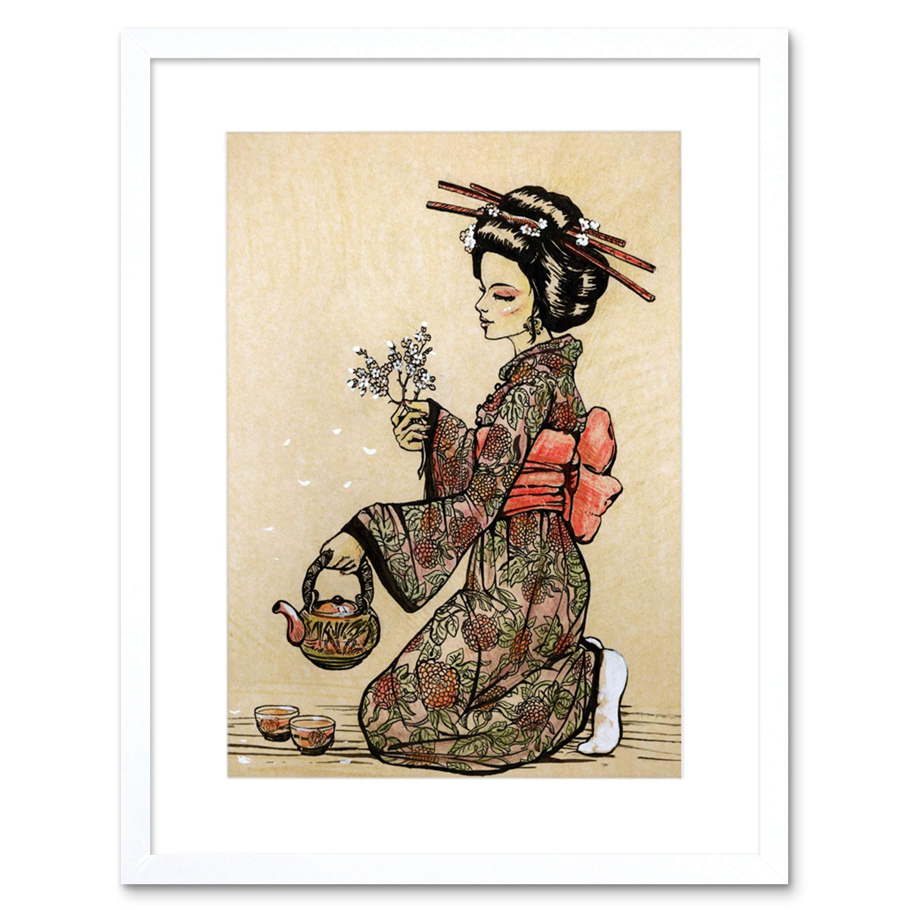 Wee Blue Coo Tea Ceremony Japanese Geisha Teapot Cherry Blossom Framed Wall Art Print
