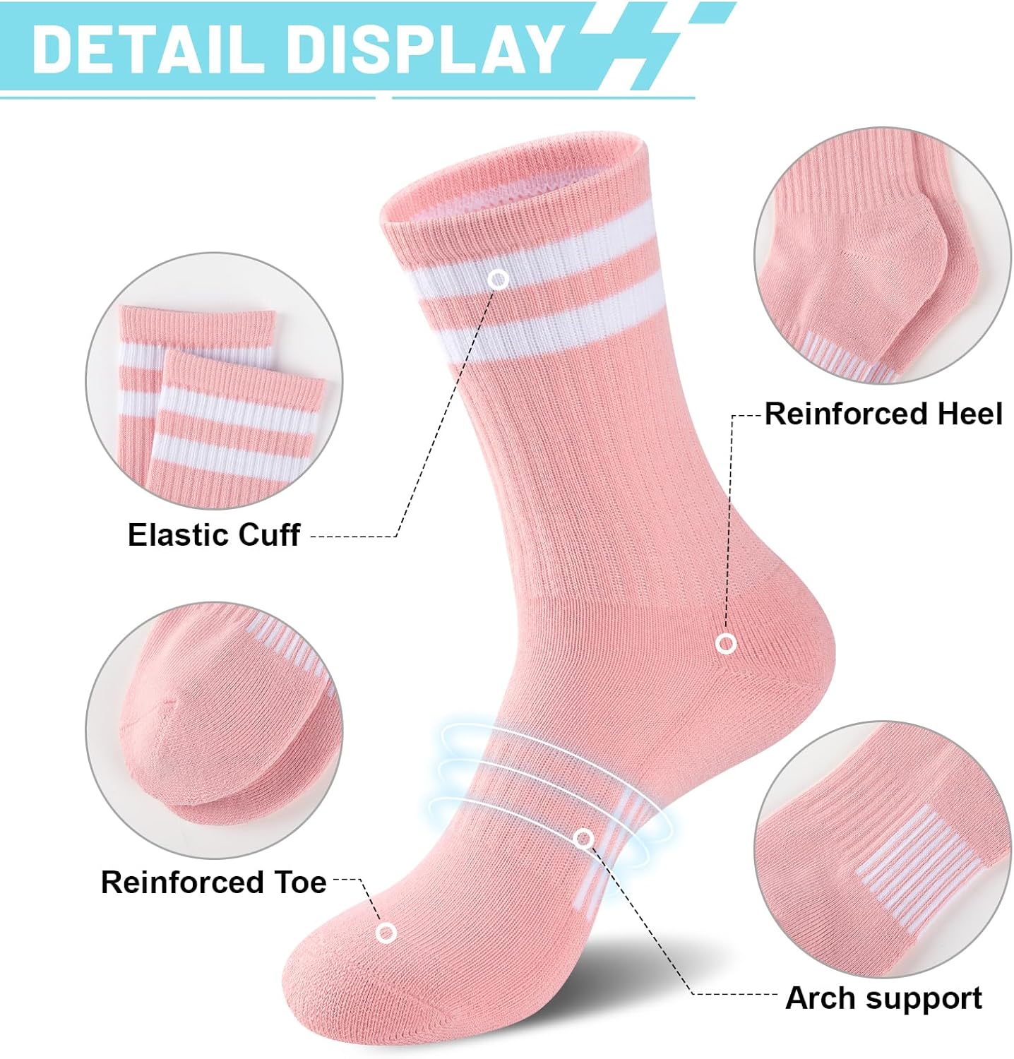 Womens Crew Socks Athletic Running Casual Cushioned Striped Calf Sock for Women 5 Pairs - Image 3