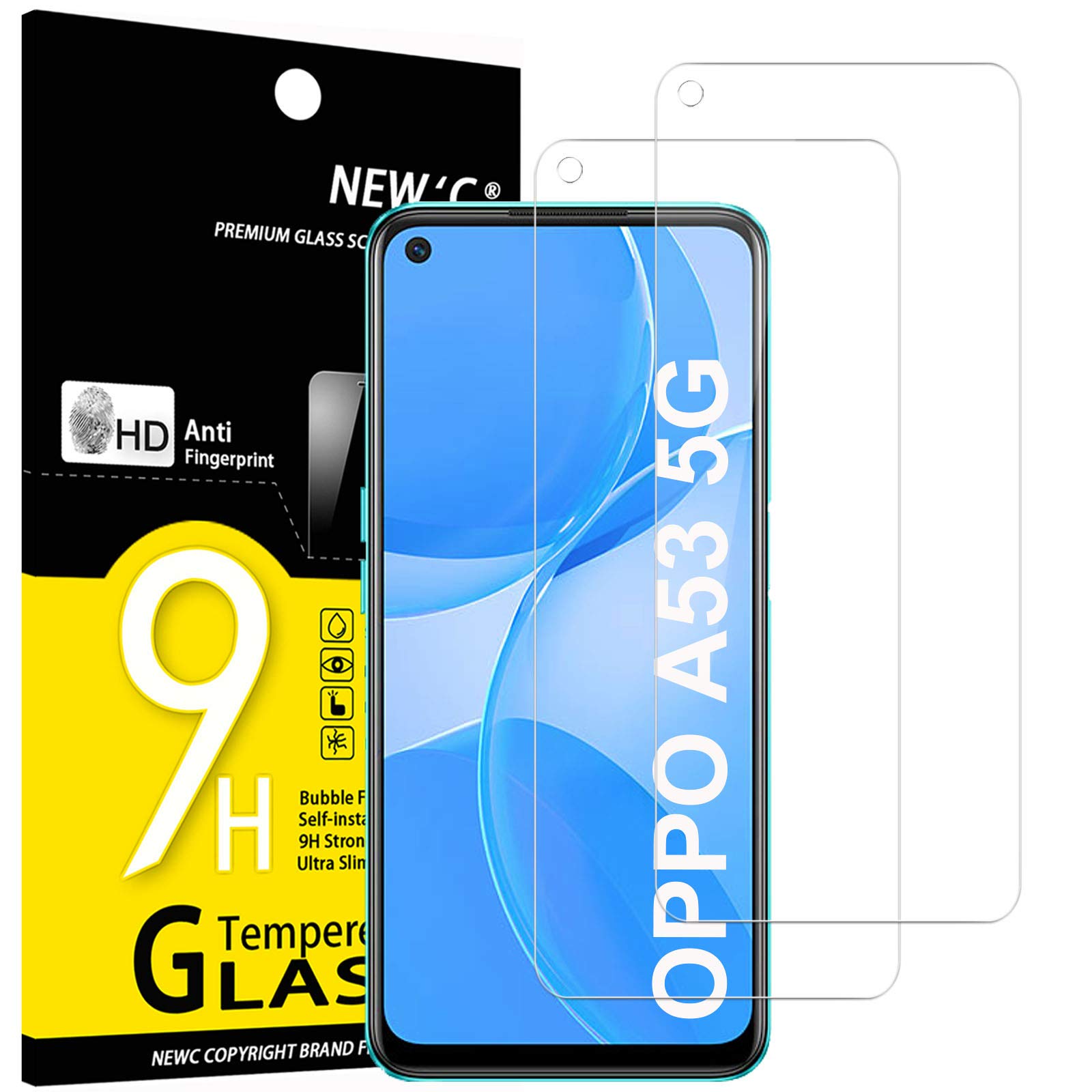 NEW'C 2 Pezzi, Vetro Temperato per Oppo A53 5G, Pellicola Prottetiva Anti Graffio, Anti-Impronte, Senza Bolle, Durezza 9H, 0,33mm Ultra Trasparente, Ultra Resistente