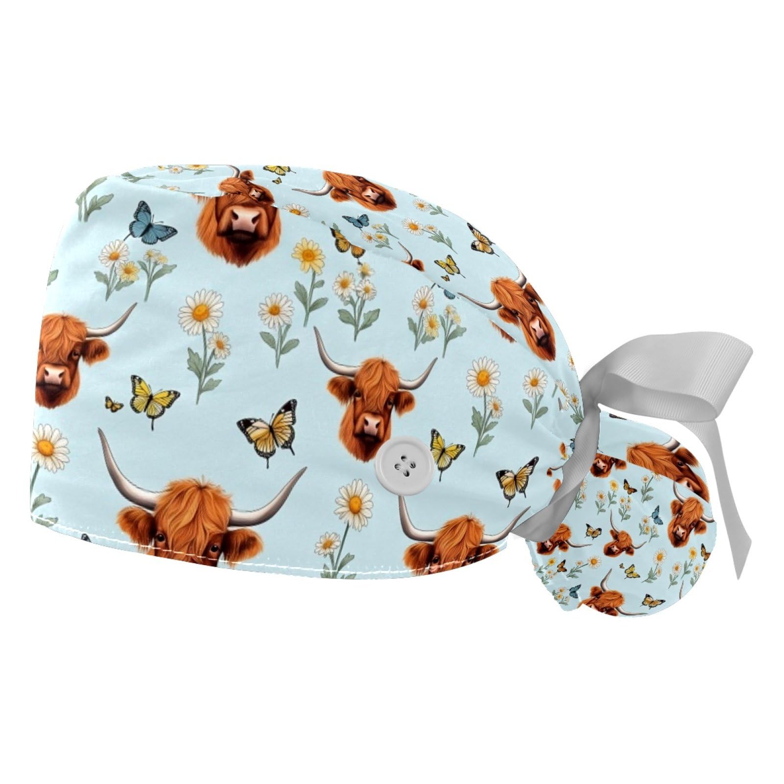 2 PCS Bouffant Cap with Button Ponytail Pouch Working Cap Sweatband Adjustable Surgical Cap Black and White Cow