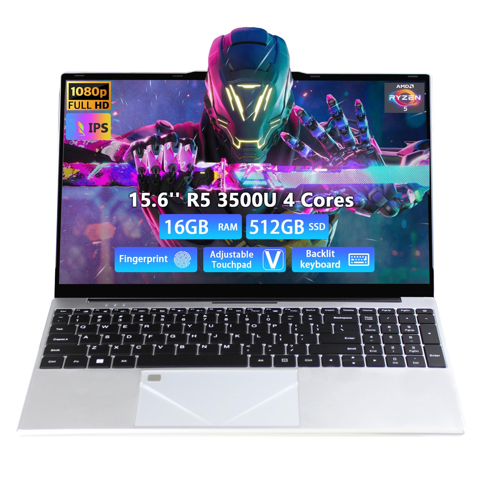 Laptop para juegos 2025, computadora portátil de 15.6 pulgadas con procesador AMD Ryzen 5 3500U, DDR4 de 16 GB, SSD de 512 GB, pantalla FHD 1920 x 1080P, Win 11 PRO, teclado retroiluminado