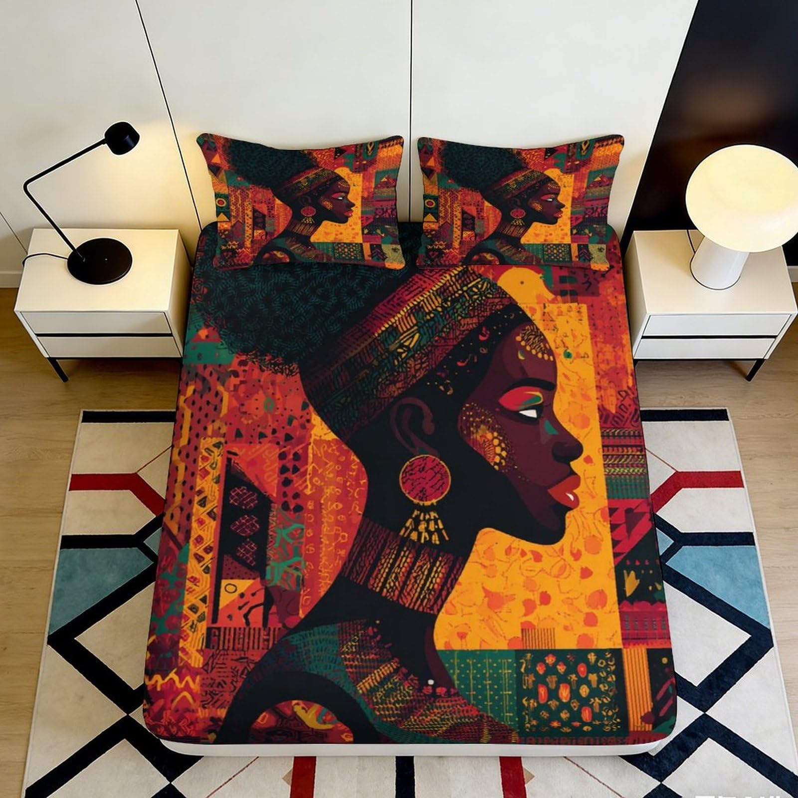 3D Printed African Art Fitted Sheet Microfiber Soft Durable Ethnic Pattern Bed Cover for Bedroom Dormitory Guest Room Mattress Protection 180x200x25cm