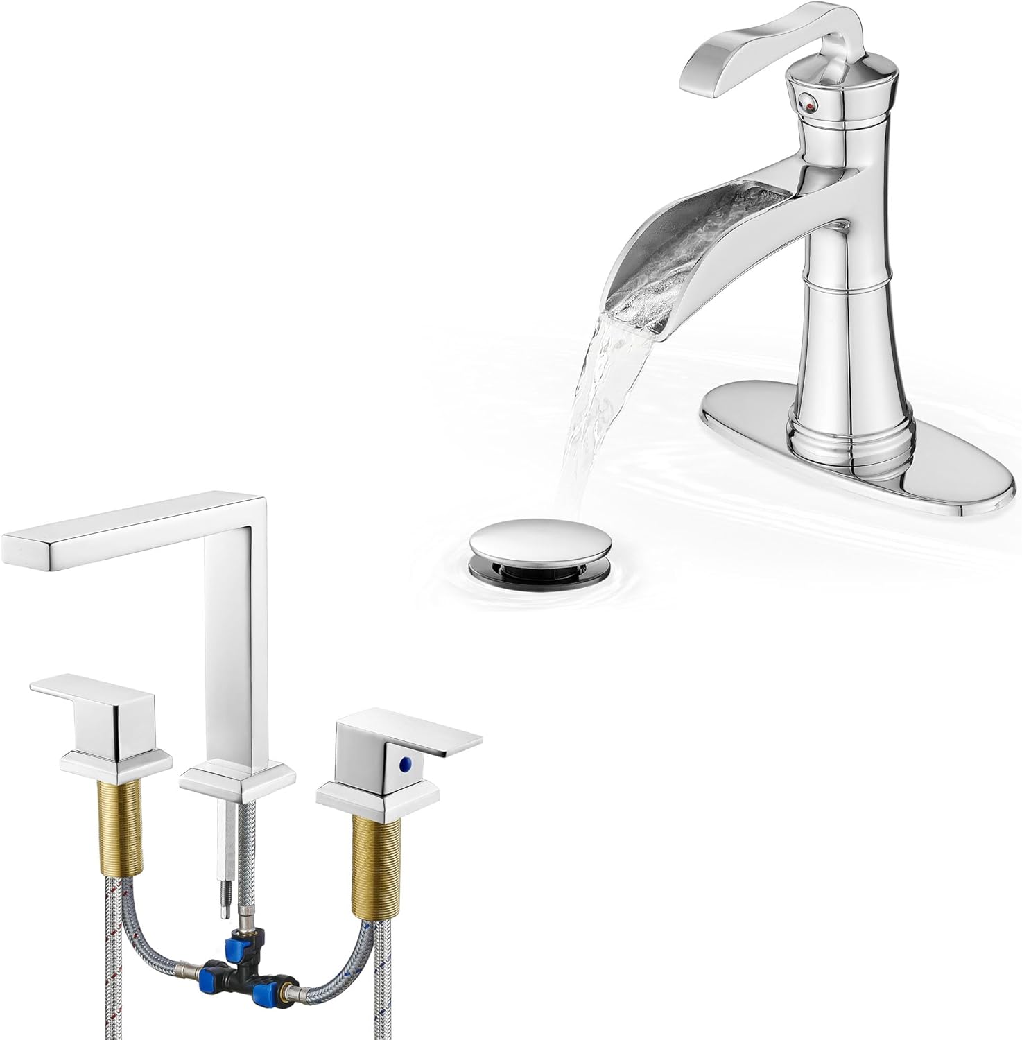 Brass Chrome Bathroom Faucet Single Handle, Bathroom Faucets One Hole, 4 Inch Waterfall Faucet for Bathroom Sink 3 Hole, High Flow Roman Tub Faucet Set, Solid Brass Bathtub Faucets Chrome 2 Handle Tub