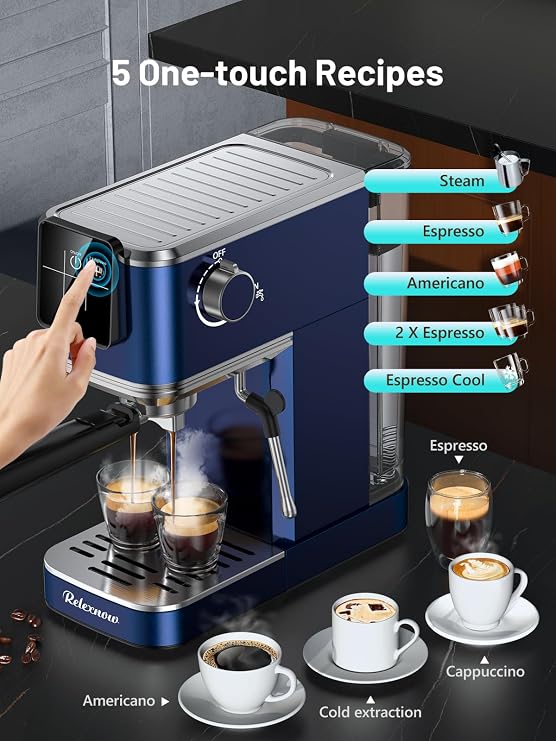 RELEXNOW Espresso Machine, 20 Bar Espresso Maker Milk Frother & LCD Panel, Hot & Iced Coffee Machine, Stainless Steel Espresso Coffee Machine with 41oz Water Tank for Cappuccino, Latte