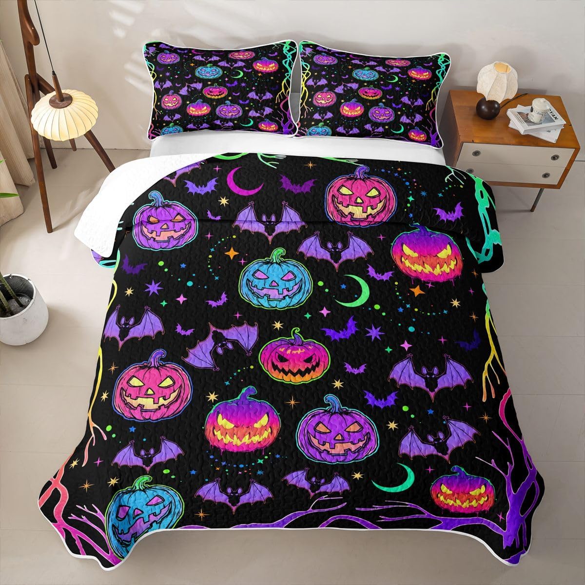 Erosebridal Halloween Bats King Quilt Bedding Set Galaxy Stars Moon Quilt Bedding Gothic Bedspread Coverlet Cartoon Purple Bat Quilted Comforter Soft Lightweight Quilted Blanket for Boys Girls