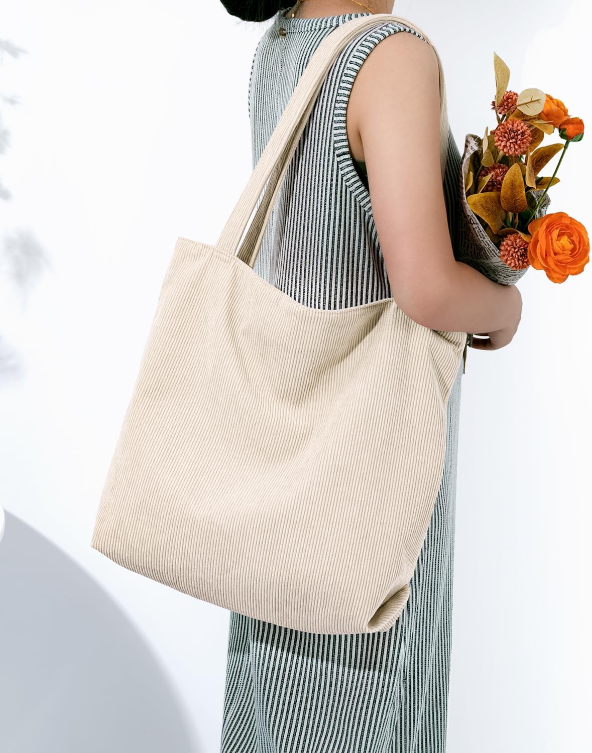 Iioscre Corduroy Tote Bag for Women,Hobo HandBags with Zipper,Large Capacity Casual Shoulder Handbags with Inner Pockets - Image 7