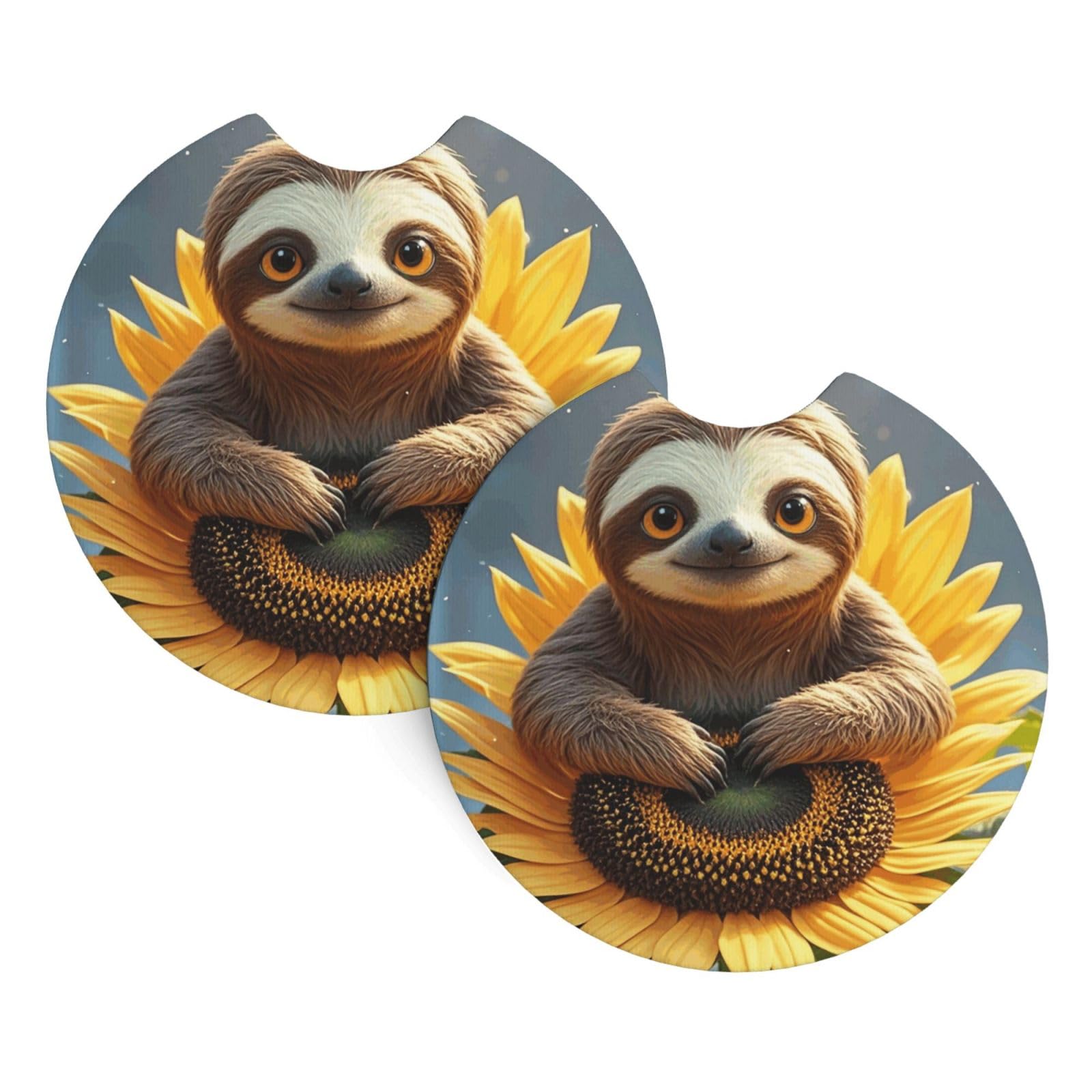 2 Pack Car Coaster for Cup Holders Cartoon Sloth Sitting on Sunflower Car Cup Coaster 2.7" Neoprene Non-Slip Automotive Cup Mat Universal Auto Car Interior Accessories for Women Men Cup Pad