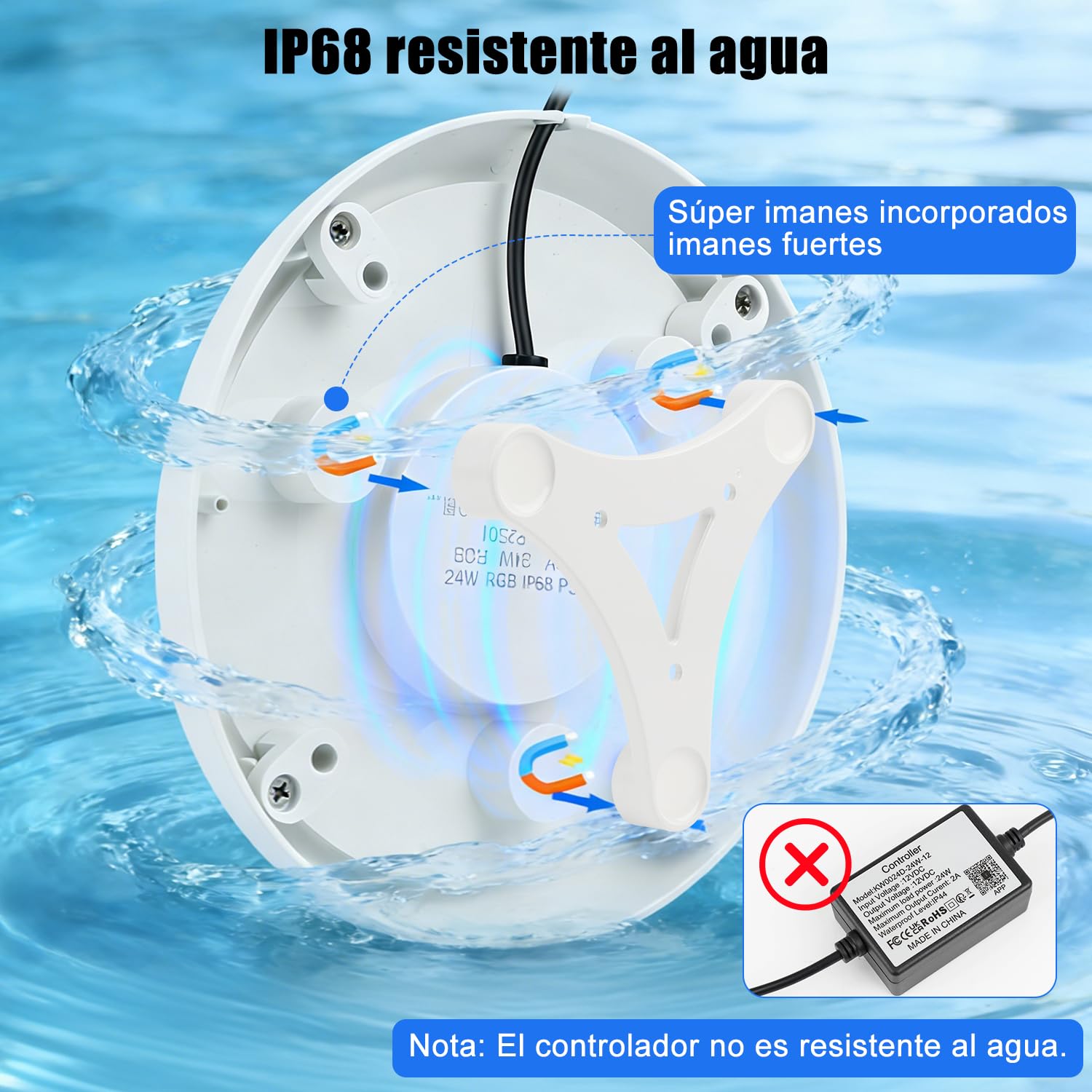 COOLWEST Luces Piscina Sumergible LED Magnética, 24W RGBW Focos Piscina Control de App/Remoto, IP68 Impermeable Focos Piscina para Piscine sobre Tierra Acero, Regulable, Temporizador, 12V, 7m Cable