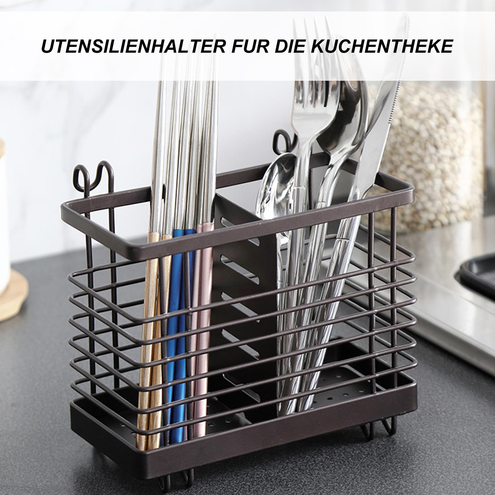 Utensilienhalter Aus Edelstahl 304 – 3 Fächer Mit Haken, Abnehmbares Abtropfgestell, Silber