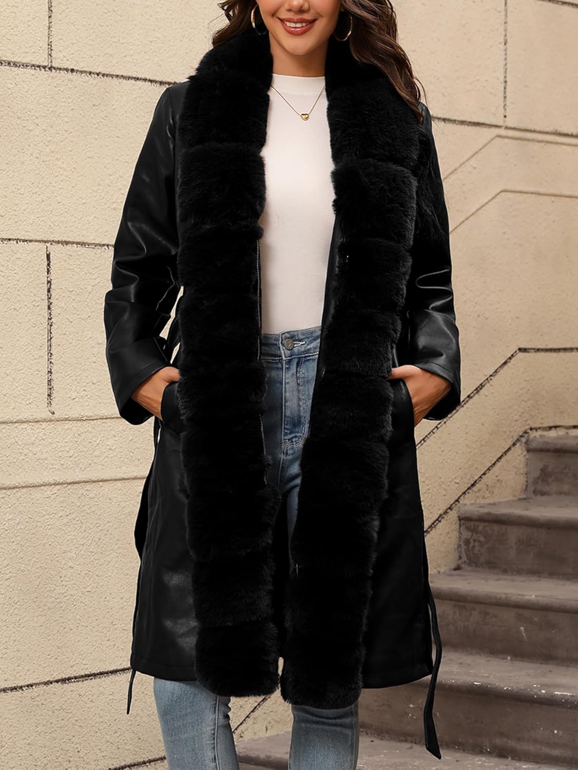 Bellivera Women Faux Leather Winter Trendy Puffer Jacket Water-resistant Thicken Bubble Coat with Fur Collar and Belt - Image 6