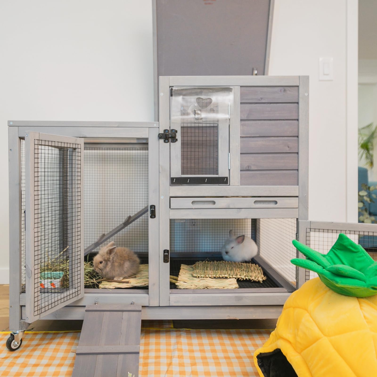 GUTINNEEN Rabbit Hutch Mobile Bunny Cage Indoor with Run Rabbit House for Small-Medium Animals with Waterproof Roof(Grey)