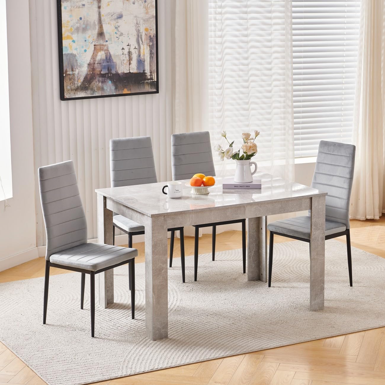 Homullel 120cm Dining Table and 4 Chairs, 4 Seater Kitchen Table and Chairs Set for Space Saving, Dining Room Set for 4, Grey (4 Seaters, Linen Grey)