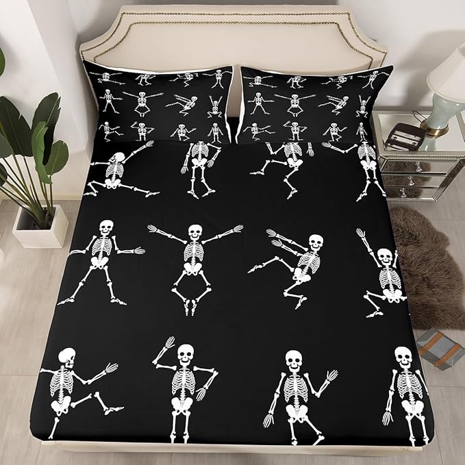 Erosebridal Sugar Skull Sheet Set Full Size Skeleton Bones Bedding Set for Kids Boys Girls Teens Adult Halloween Horror Theme Fitted Sheet Gothic Spooky Bed Sheet Wrinkle Bedclothes(No Flat Sheet)