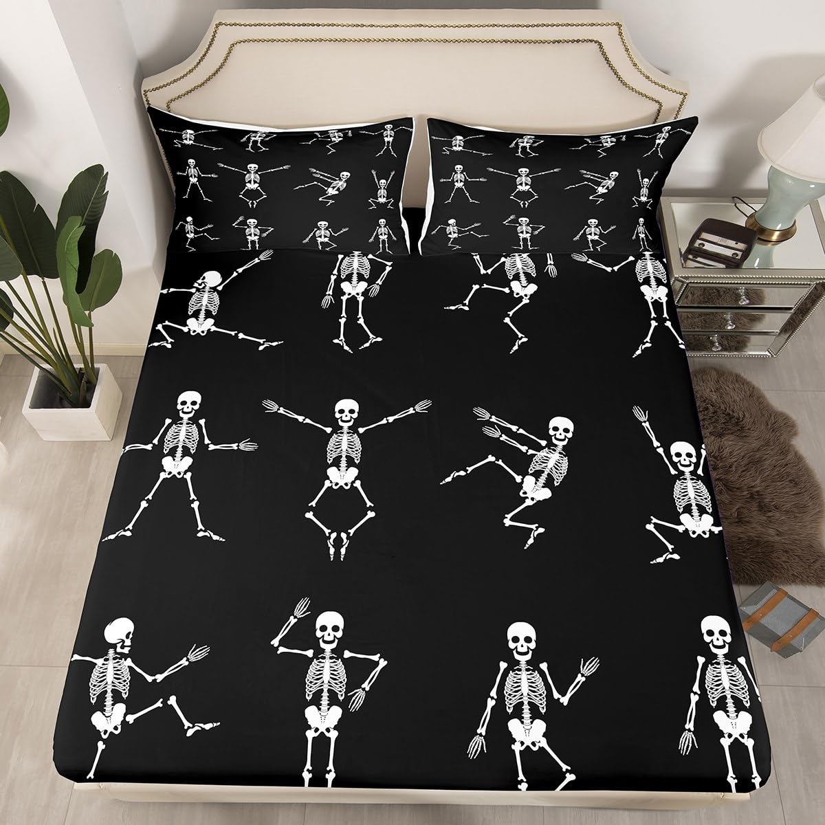 Erosebridal Sugar Skull Sheet Set Queen Size Skeleton Bones Bedding Set for Kids Boys Girls Teens Adult Halloween Horror Theme Fitted Sheet Gothic Spooky Bed Sheet Wrinkle Bedclothes(No Flat Sheet)