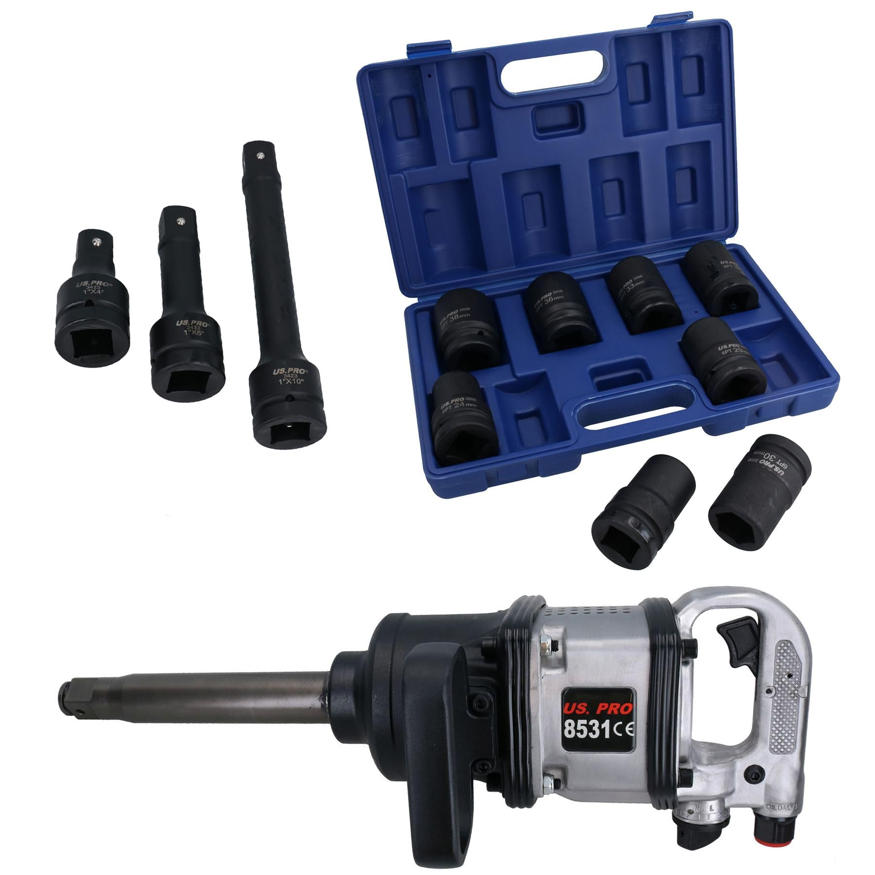 Ab Tools Multicolour 1In Drive Anvil Air Impact Wrench Gun 2200Nm 8 Sockets 24 – 38Mm + Extensions