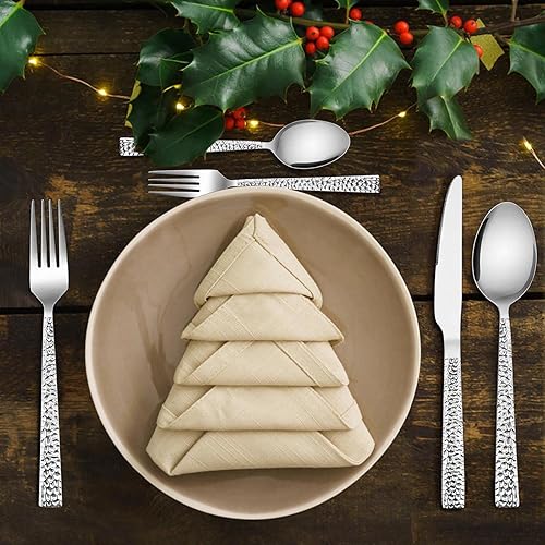 Miniatura 7 de E-far Juego de cubiertos martillados con cuchillos para carne, cubiertos de acero inoxidable de 48 piezas para 8, vajilla de metal, utensilios de