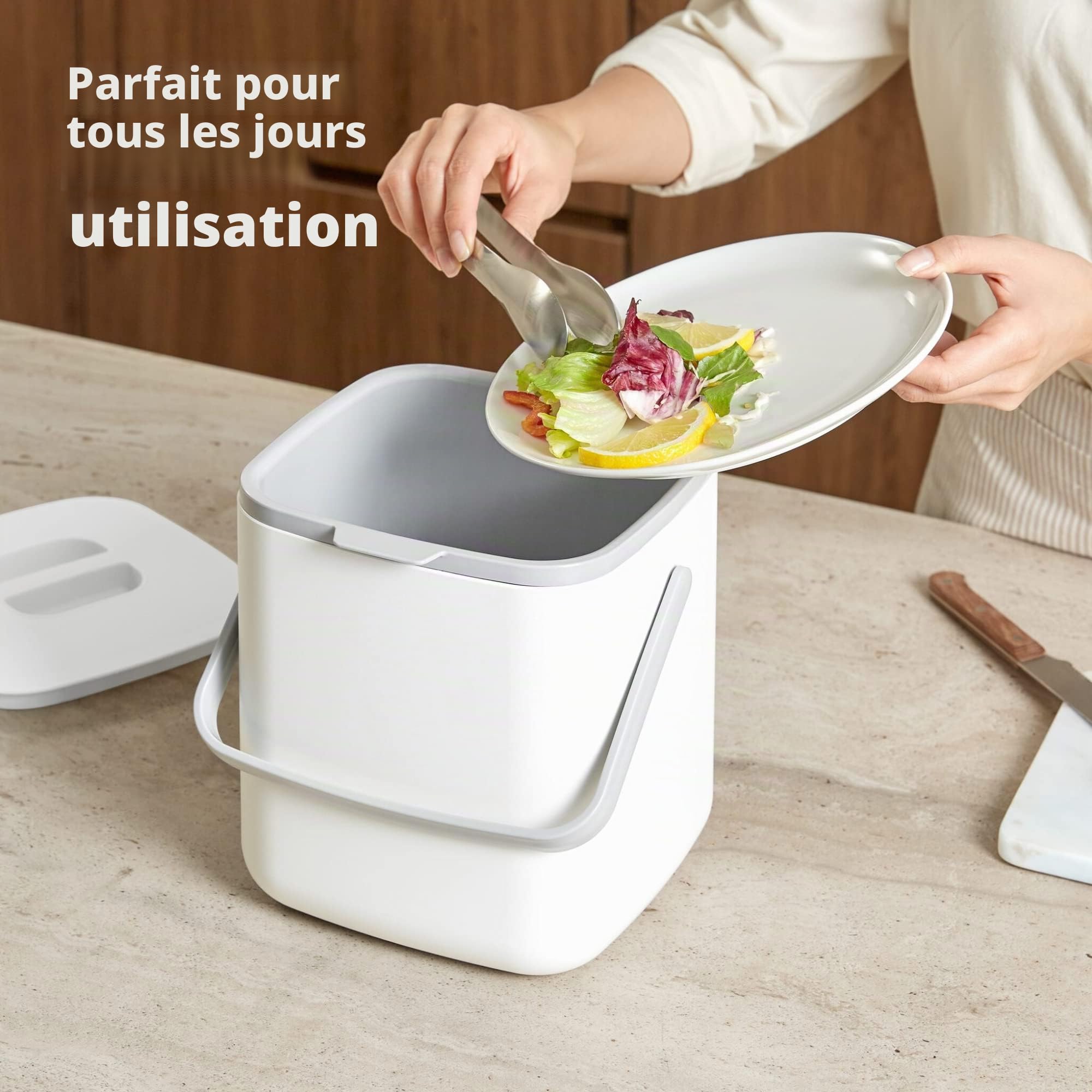 BLUE GINKGO Bac à Compost de Cuisine - Bac de Déchets Alimentaires Facile à Nettoyer avec Poignées | Bac à Compost de Cuisine pour Plan de Travail | Fabriqué en Corée (5 L) - Gris