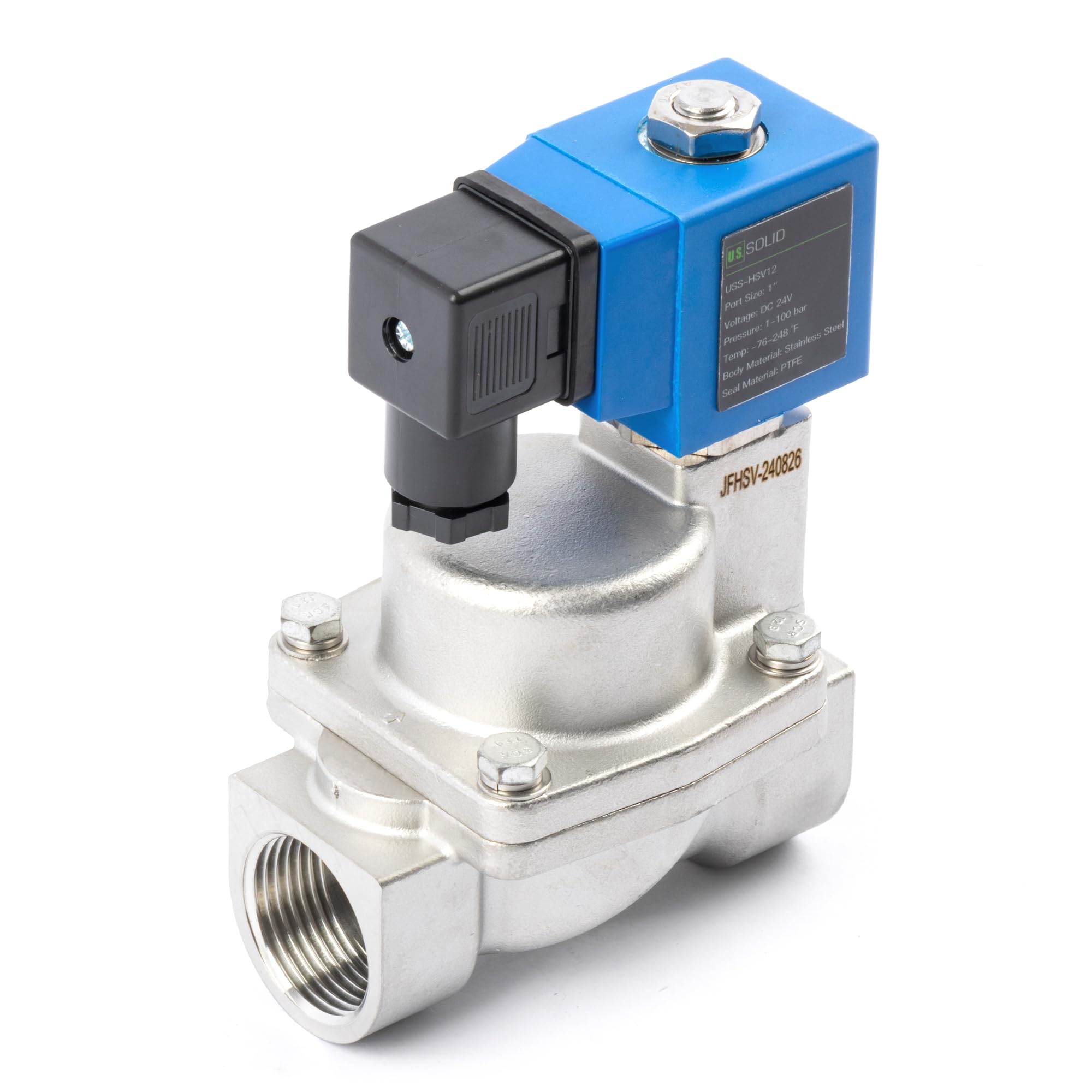 U.S. Solid Válvula solenoide de alta presión, 1 pulgada, 100 bar, acero inoxidable, 24 V CC, alta presión, alta temperatura, electroválvula eléctrica, -60-120 °C