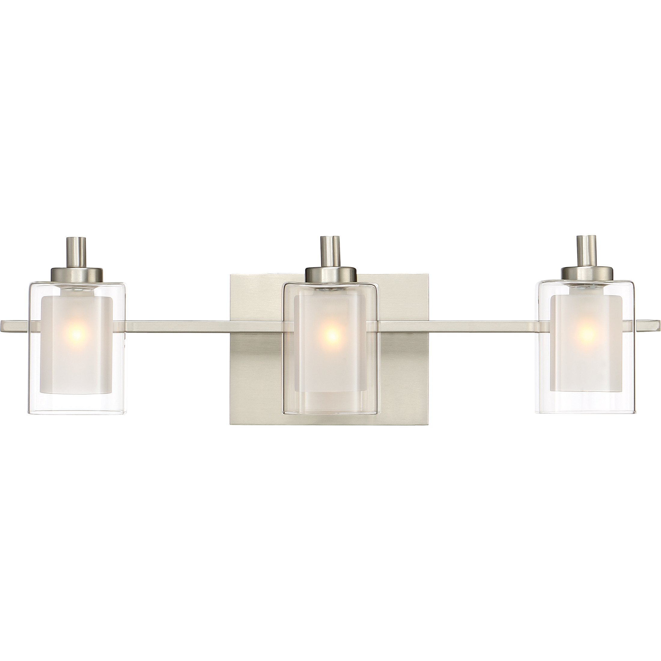 Kolt Modern Vanity Lights, 3-Light, 21 Inch Brushed Nickel Bathroom Lighting Fixtures Over Mirror, Sandblasted Inner Glass, 50 W LED Bulb, Wall Mount Light for Bathrooms, Kitchen or Hallway