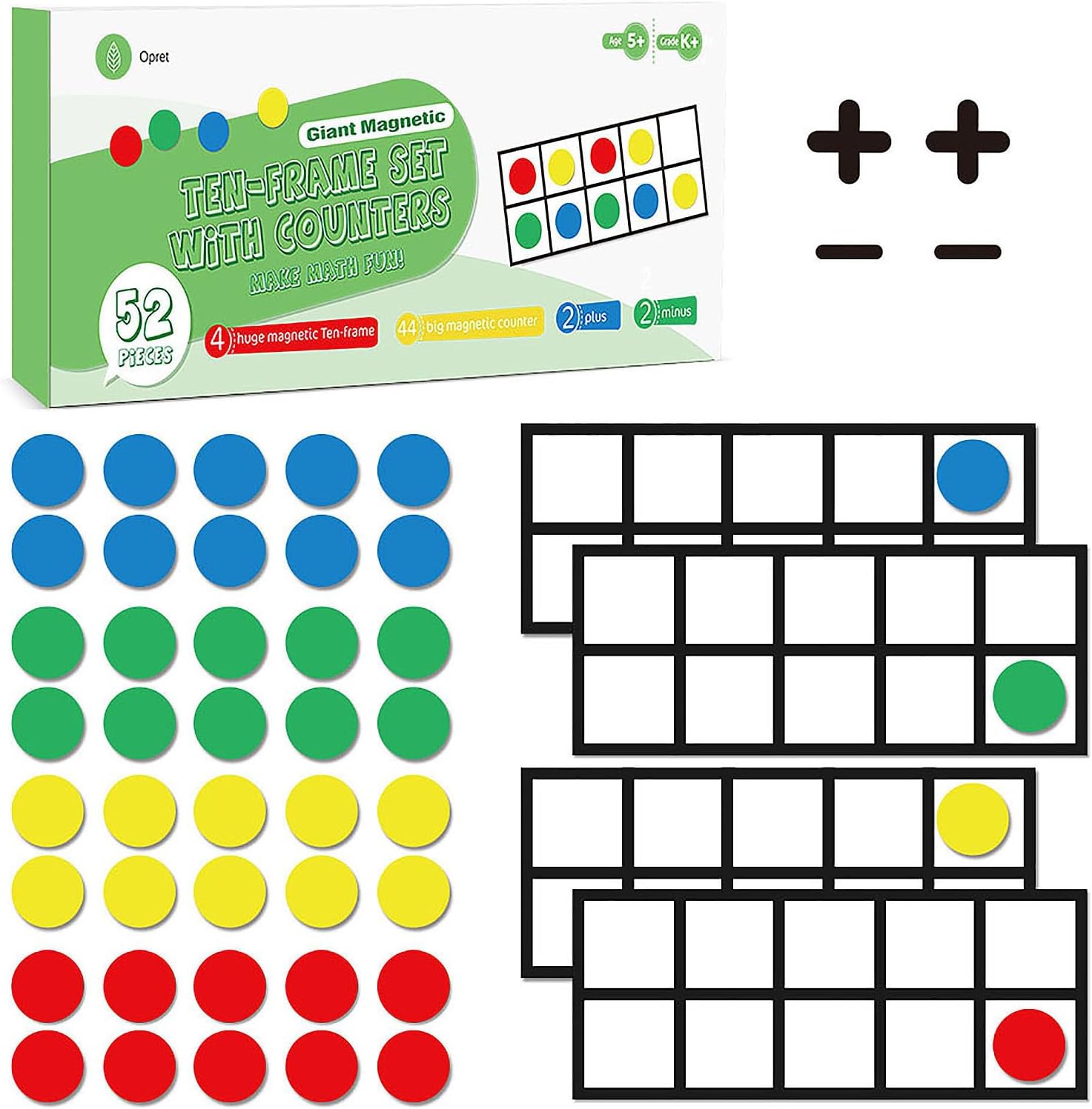 Big Magnetic Ten Frame Set, Opret 52 Pieces Math Manipulatives for Elementary, Kindergarten Classroom Must Haves Math Games with Storage Bag, Ages 5+, 4 Frames, 44 Counters, 2 Plus and 2 Minus