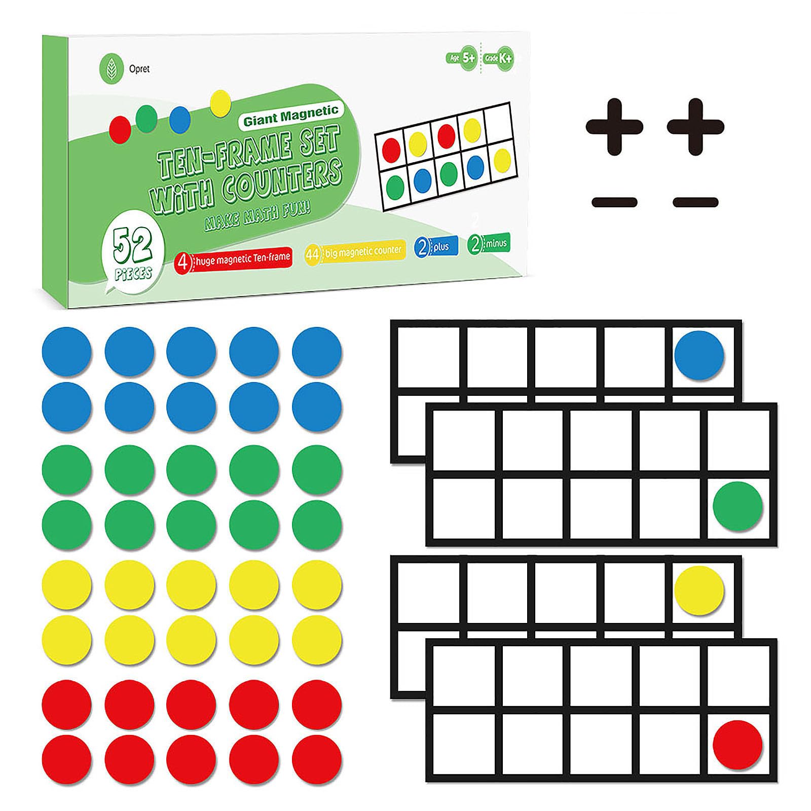Big Magnetic Ten Frame Set, Opret 52 Pieces Math Manipulatives for Elementary, Kindergarten Classroom Must Haves Math Games with Storage Bag, Ages 5+, 4 Frames, 44 Counters, 2 Plus and 2 Minus