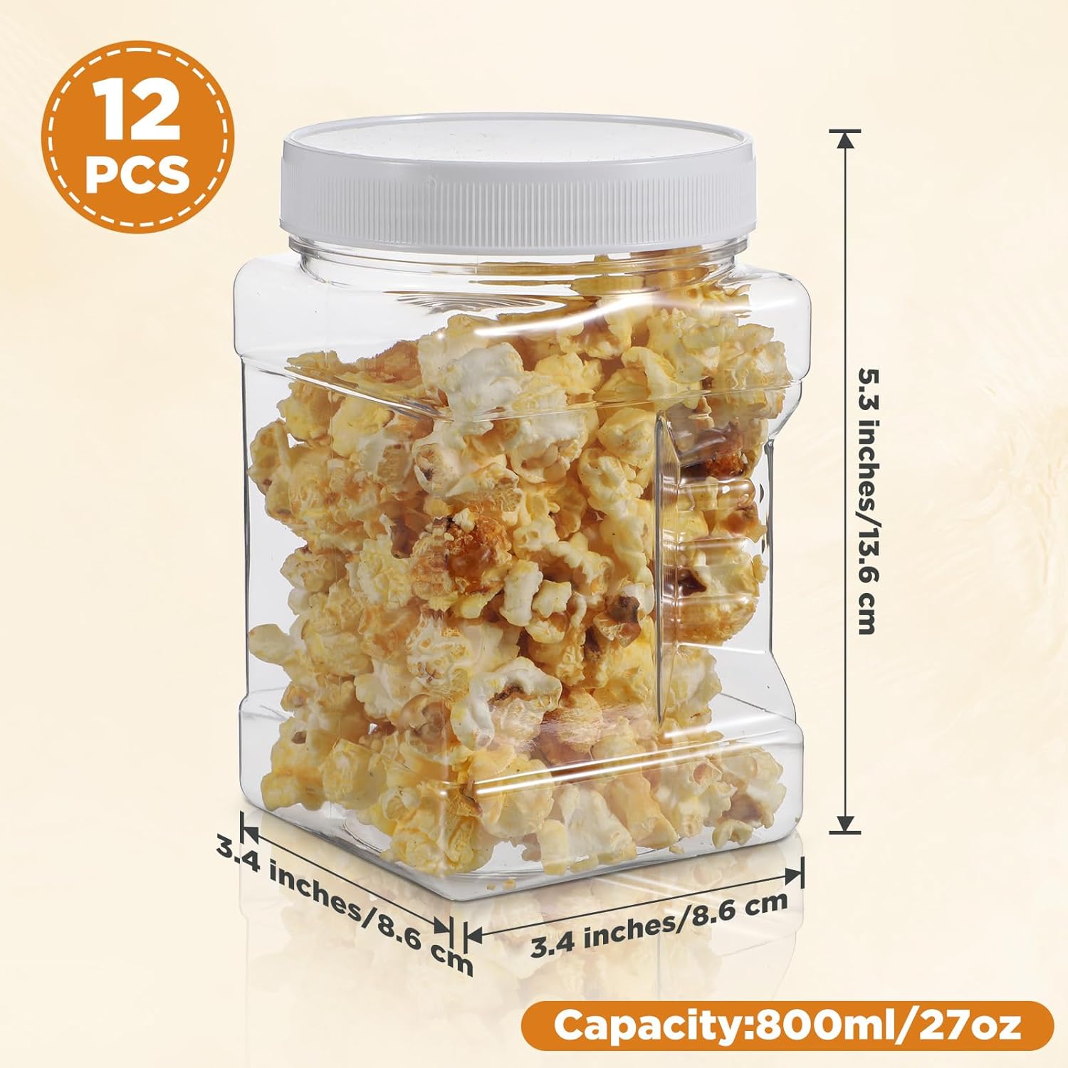 12 Pcs Clear Plastic Storage Jars With Lids, 27 Oz Square Reusable Containers With Easy Grip Handles, Wide Mouth Airtight Canisters For Dry Goods, Candy, Cookies, Kitchen Pantry Organization