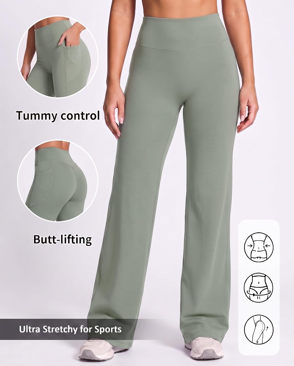 Coume 2 Pack Womens Straight Workout Leggings High Waisted Wide Leg Stretch Gym Yoga Pants Bottoms No Front Seam with Pockets