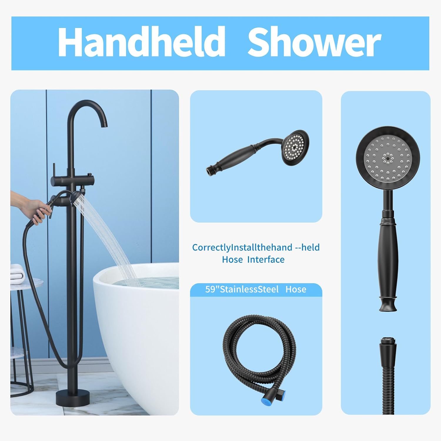 Freestanding Bathtub Faucet,Tub Filler Floor Mount Stand Bathtub Faucet Brass Bathroom Tub Faucets with 2 Function Telephone-Shape Handheld Shower Wand Swivel Matte Black