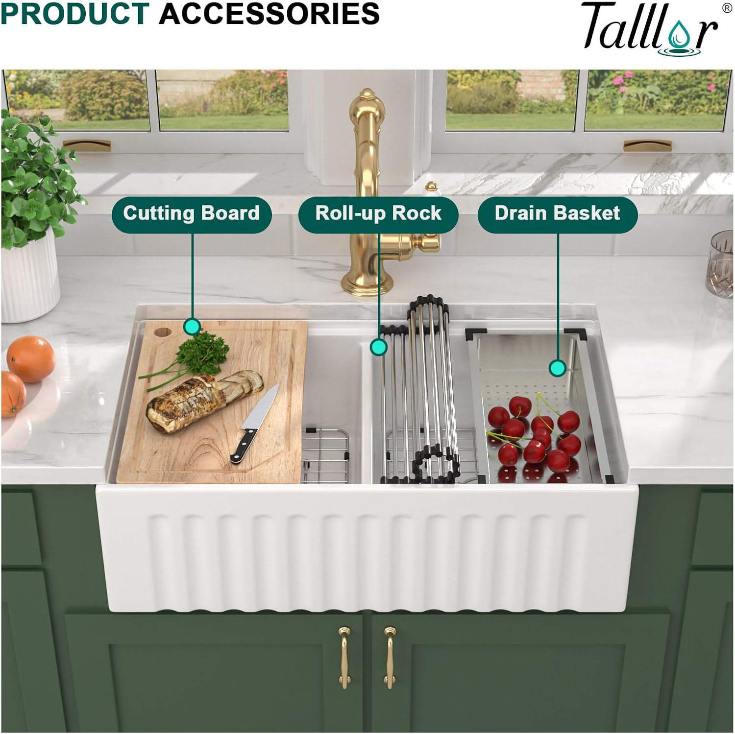 White Farmhouse Sink 33 Inch - Double Bowl Workstation Fireclay Farmhouse Kitchen Sink 50/50 Reversible Apron Front Country Style Barn Farmer Sinks #TLAC-0054