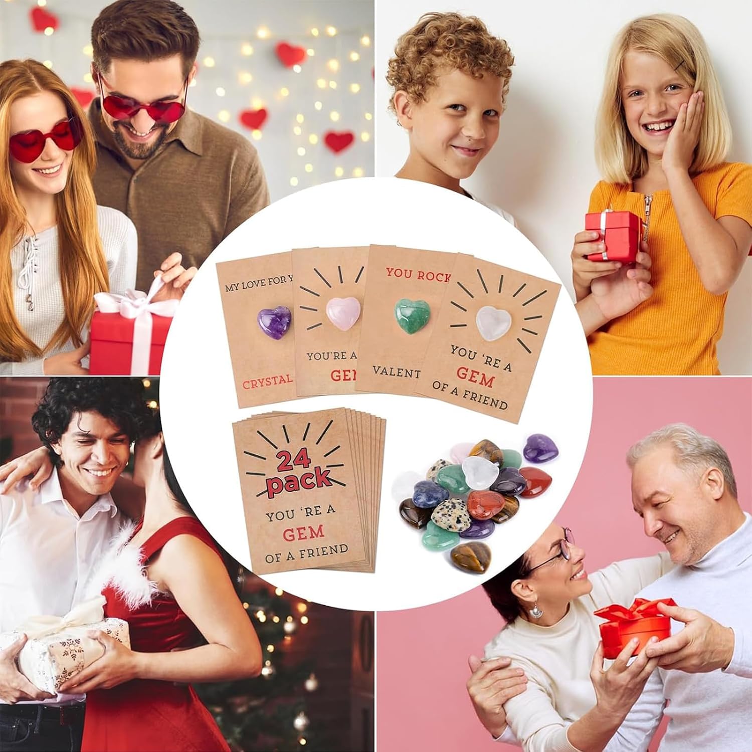 24Pack Valentines Cards with Heart-Shaped Crystal Stones, Heart-Shape Crystal Valentines Cards, YOU'RE A GEM OF A FRIEND, Valentines Gift Cards for Kids School Class Classroom (Random acrylic stones)
