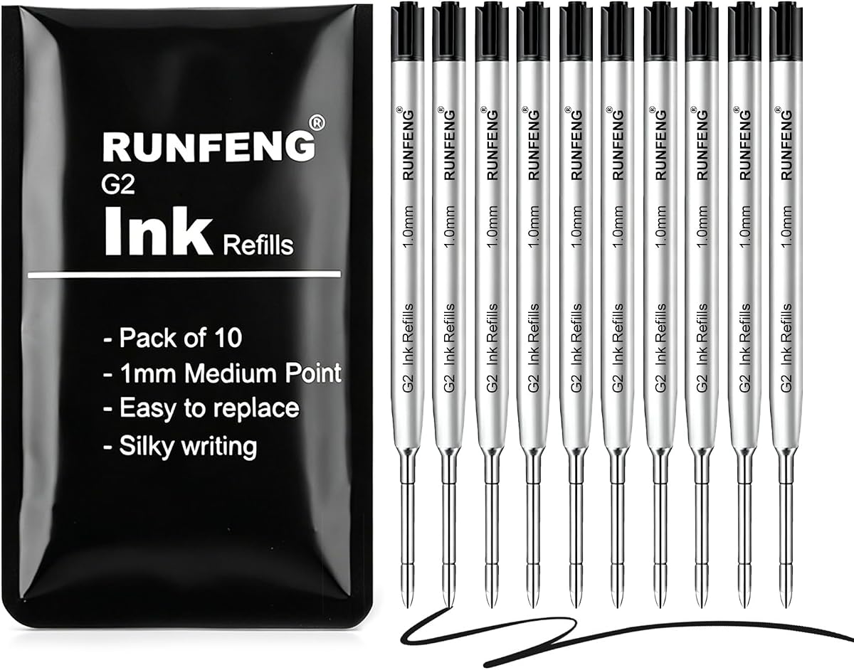 Paquete de 10 recambios de bolígrafo reemplazables, recambios de tinta G2 | Punta media de 1 mm, recarga de bolígrafo giratorio, recargas de bolígrafo, recargas de tinta para bolígrafos, negro