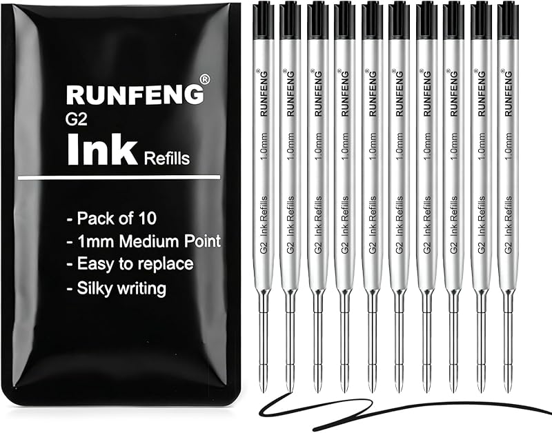 Paquete de 10 recambios de bolígrafo reemplazables, recambios de tinta G2 | Punta media de 1 mm, recarga de bolígrafo giratorio, recargas de bolígrafo, recargas de tinta para bolígrafos, negro