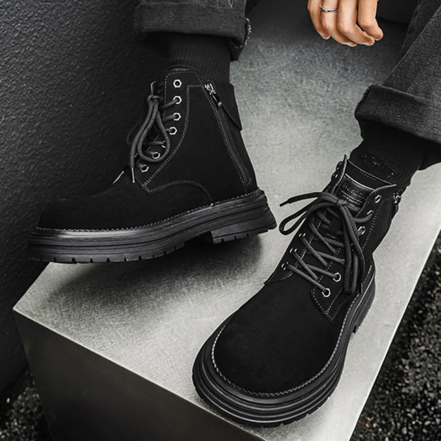 Men'S Leather Thick Soled Combat Boots Stylish Side Zip Lacing With Wide Thick Heel And Rubberized Sole Anti-Static And Slip Resistant High Top Motorcycle Boots Dancing Style Short Boots
