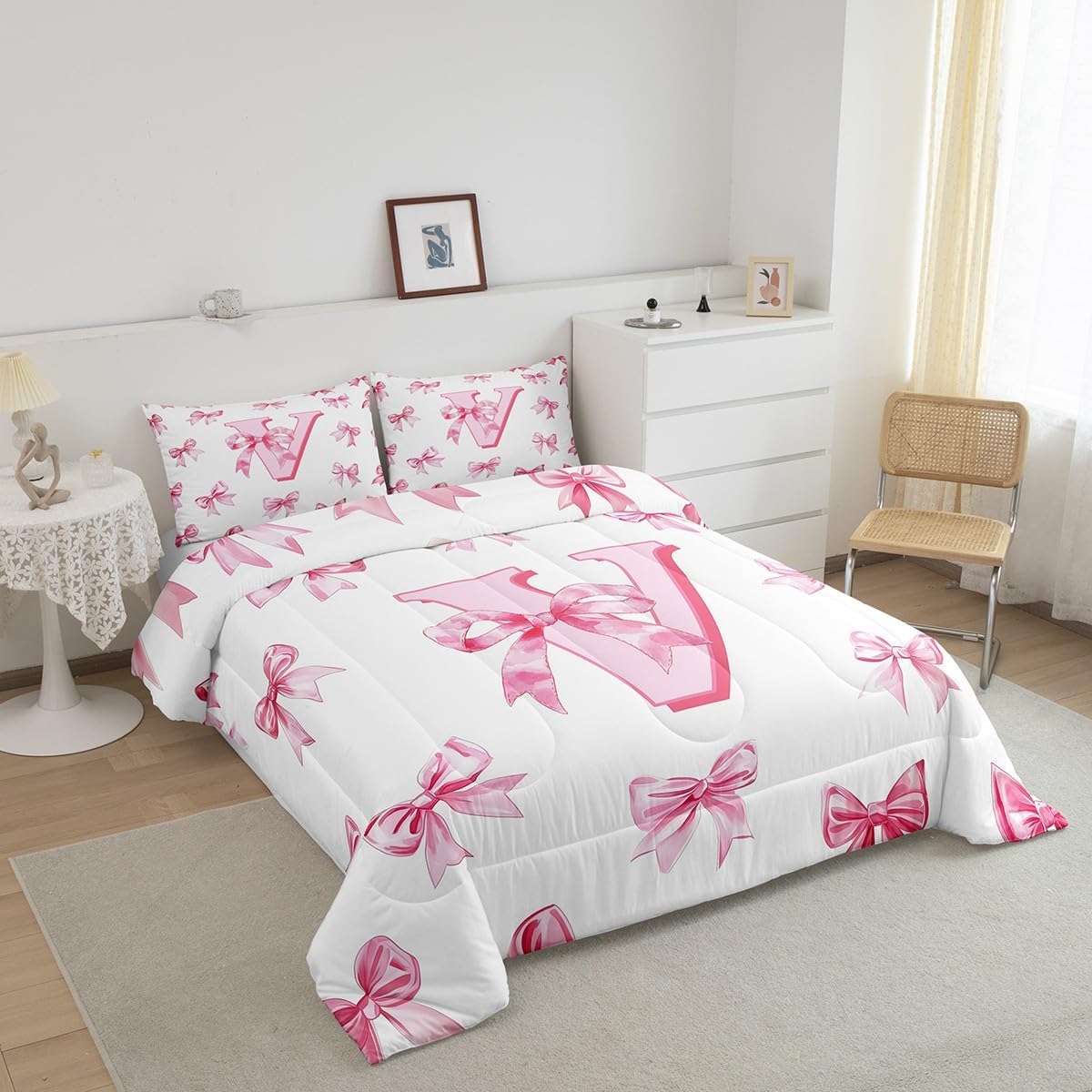 Erosebridal Initial Letter V Bow Bedding Set for Kids Girls Teen Women,Pink Girly Bowknot Comforter Set Full Cute Fantasy Princess Bedding Comforter Sets Kawaii Watercolor Bow Quilt Duvet