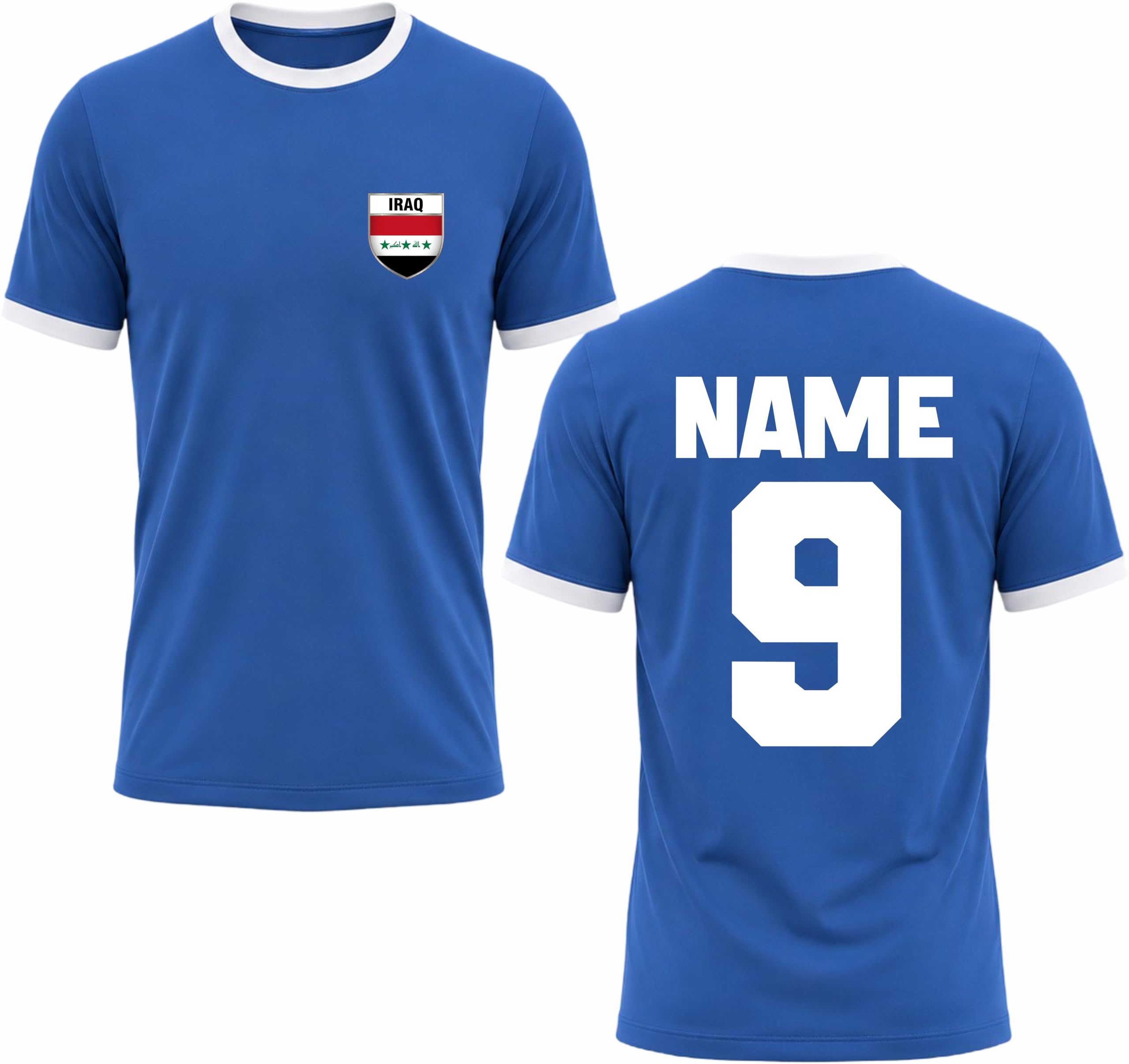 Iraq Football Ringer T-Shirt Personalised Iraqi Football Kit Jersey Custom Name & Number Jersey Gift Royal/White