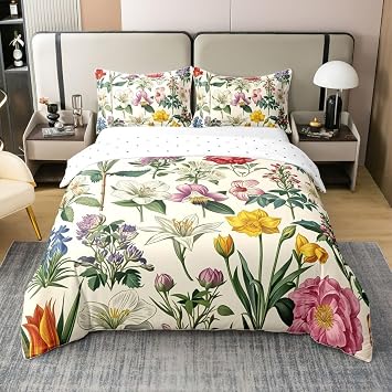 Rustic Watercolor Floral Duvet Cover for Kids Girls,Botanical Groovy Aesthetic Comforter Cover Classical Botanical Bedroom Decor Queen 3Pcs with 2 Pillowcases 100% CottonNo Comforter,Beige Green