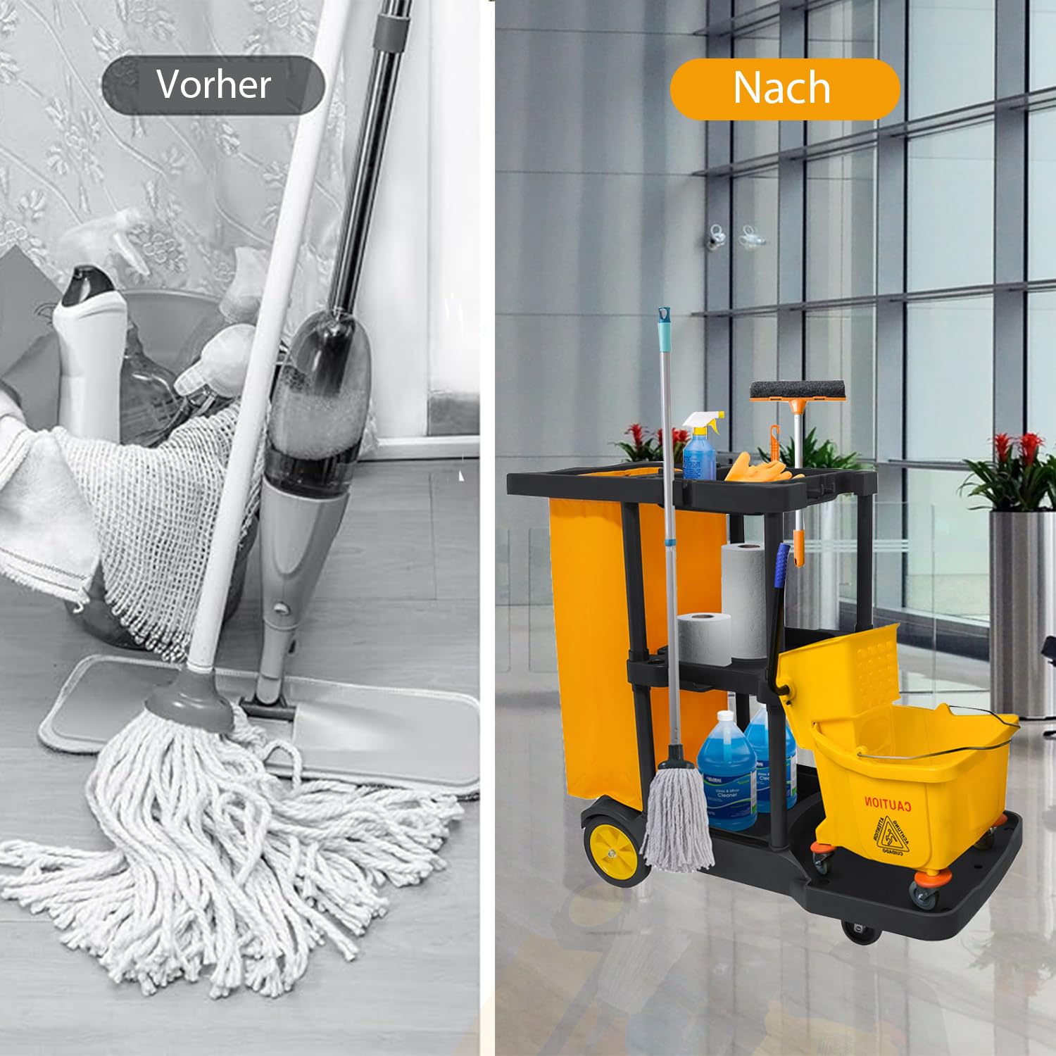 Chariot de nettoyage professionnel avec 3 compartiments - Chariot de nettoyage professionnel avec sac poubelle - 113 x 56 x 93 cm - Chariot de nettoyage avec 4 roulettes - Grande capacité - Sac