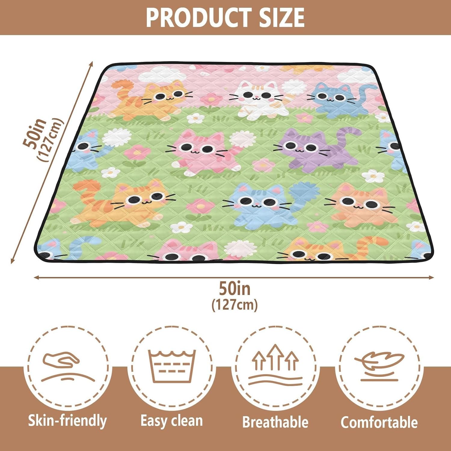 Playful Cat Pattern Baby Play Mat,Portable Foldable Crawling Mat Thicken Soft Non-Slip Waterproof Washable Baby Mat 50 x 50 Inch