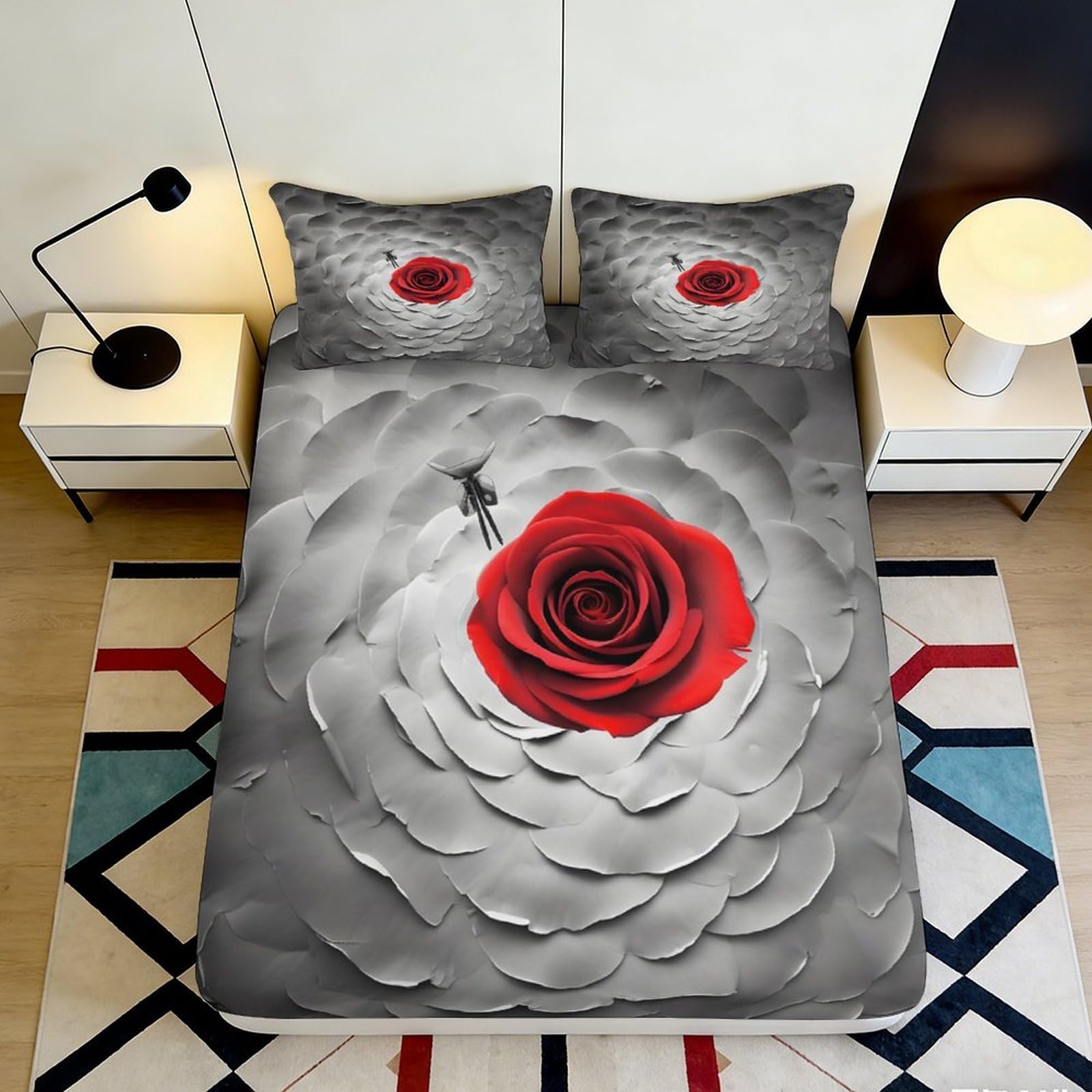Jqzkxnhpbr Style-7 3D Printed Red Rose Fitted Sheet Microfiber Grey Petals Bed Cover Non-Slip Machine Washable Decor For Bedroom Guest Room 90X200x25cm
