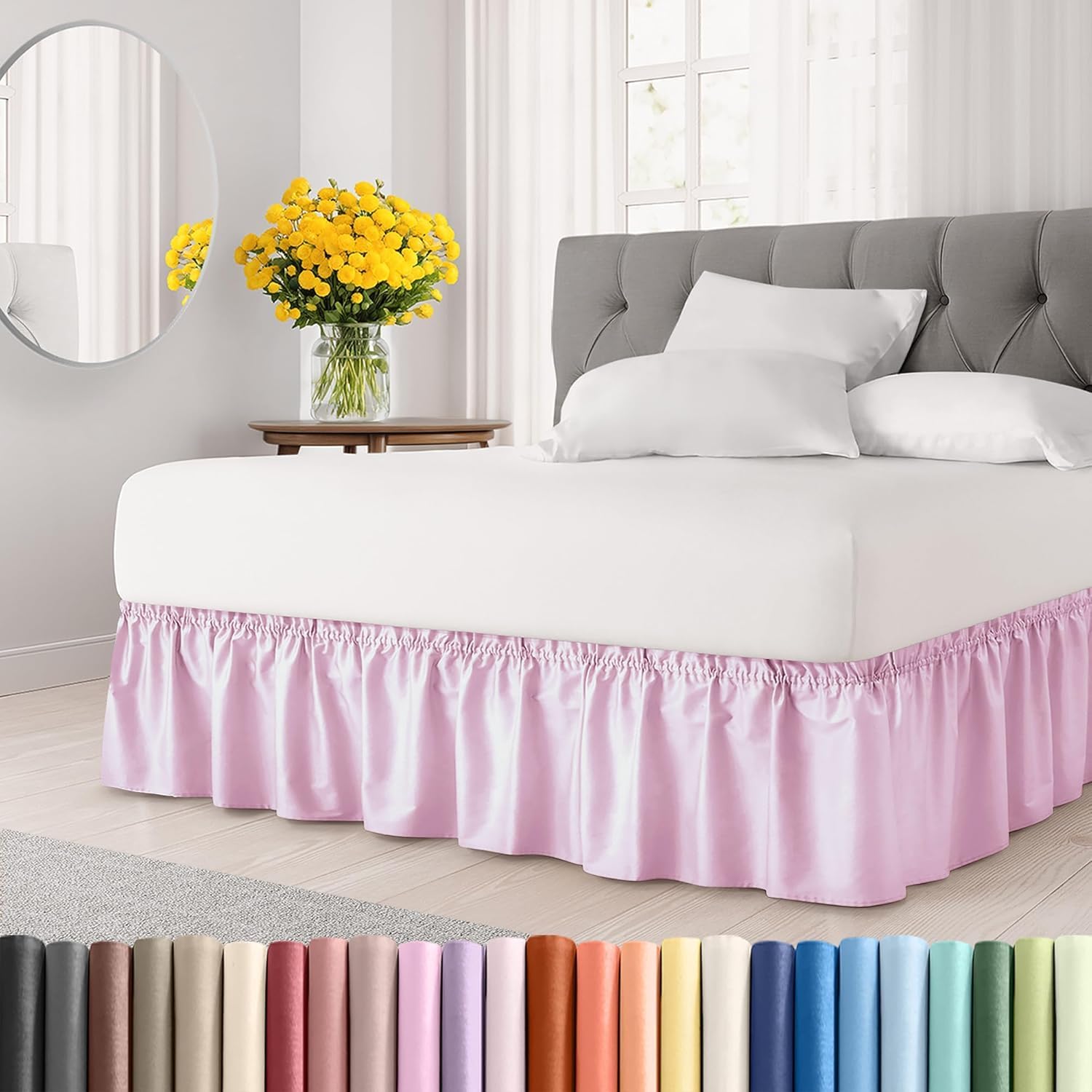 Gorayoo Bedding Bed Skirt – Wrap Around Dust Ruffle Bed Frame Cover with Easy Fit Elastic Strap, Double Size 12 Inch Inch Drop, Microfiber Pleated, Machine Washable |Light Pink, (72inchx72inch)
