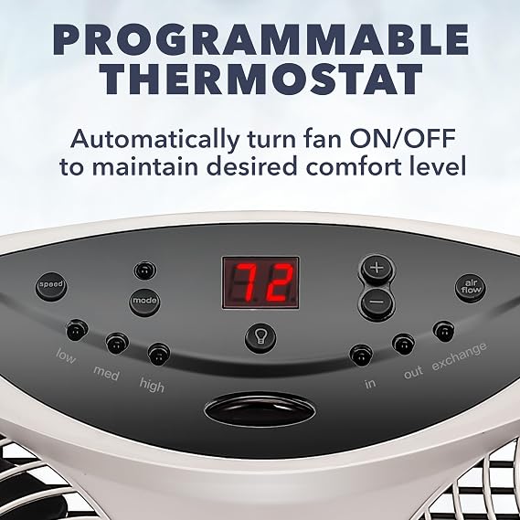 Bionaire Window Fan with Reversible Airflow Blades 3-Speed Settings, Programmable Thermostat, LED Display, Remote Control, Fits 2436 Windows, No Assembly Required